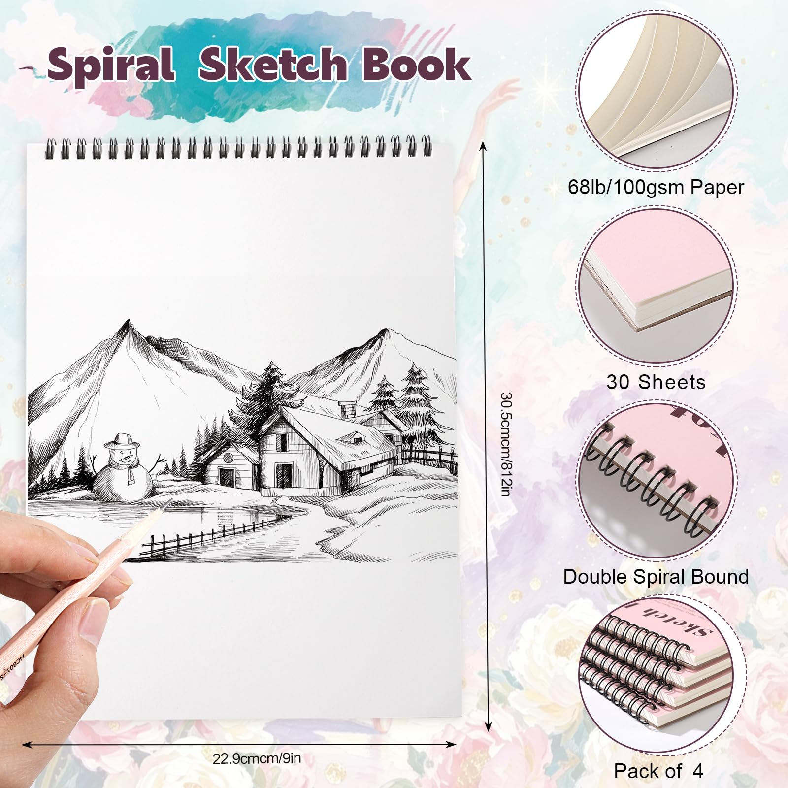Confezione da 4 quaderni da disegno, 22,9 x 30,5 cm, 30,8 kg/100 g/m², rilegatura a spirale, senza acidi, forniture artistiche per disegno, pittura, schizzi, carta per principianti e artisti (rosa)