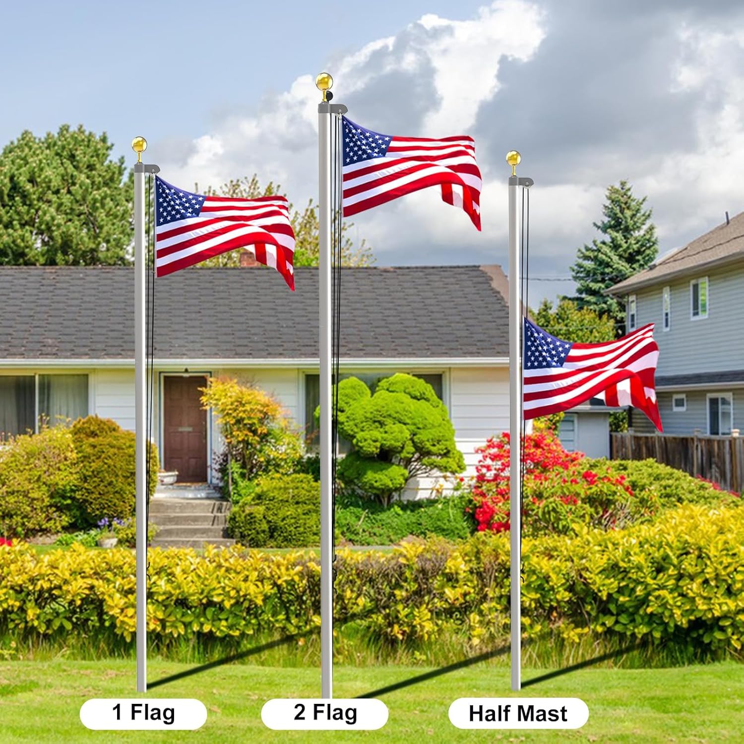 AgiiMan 25FT Flag Pole Kit for Outside House, Including 16 Gauge Outdoor Heavy Duty Flagpole In Ground with 3x5 American Flag and Ball Topper for Residential or Commercial Use, Silver