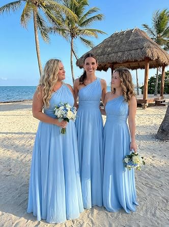 CuteMe Chiffon One Shoulder Bridesmaid Dress for Women Ruched Long Formal Dress with Pockets CC001