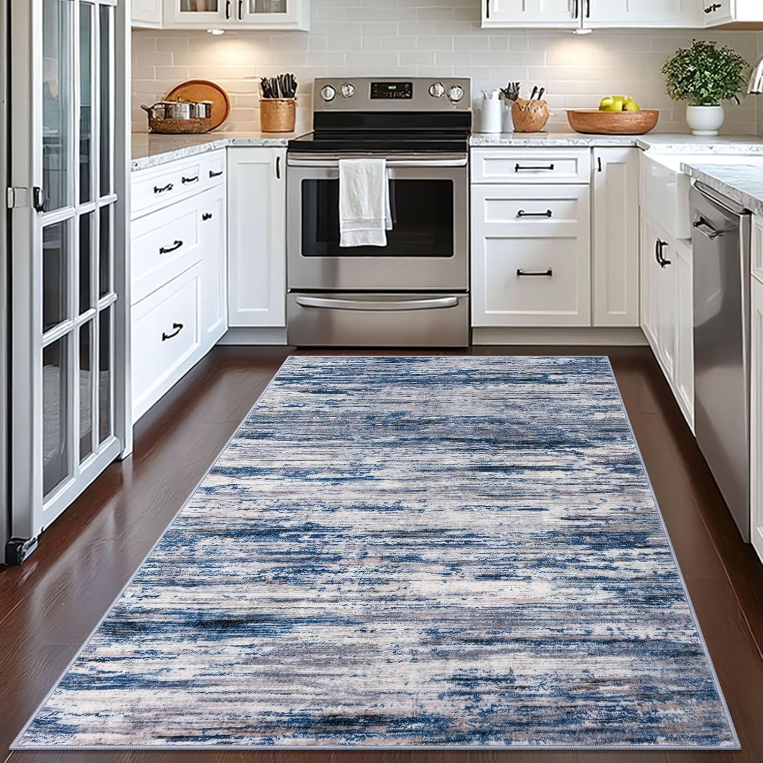 SIILOOM 4x6 Modern Abstract Rug for Farmhouse, Navy Blue Gray Neutral Multi Super Soft Washable Rug with Non-Slip, Low-Pile Indoor Door Area Rugs for Living Room Bedroom, Carpet with Non-Shedding