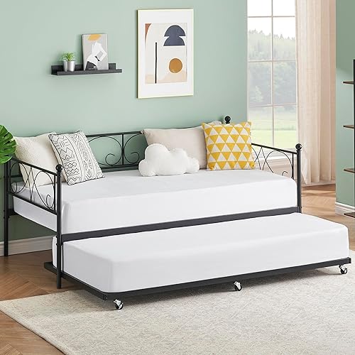 GAOMON Cama de día individual con cama nido, sofá cama de metal con nido, sofá cama con marco de cama nido extraíble, sofá cama con soporte de