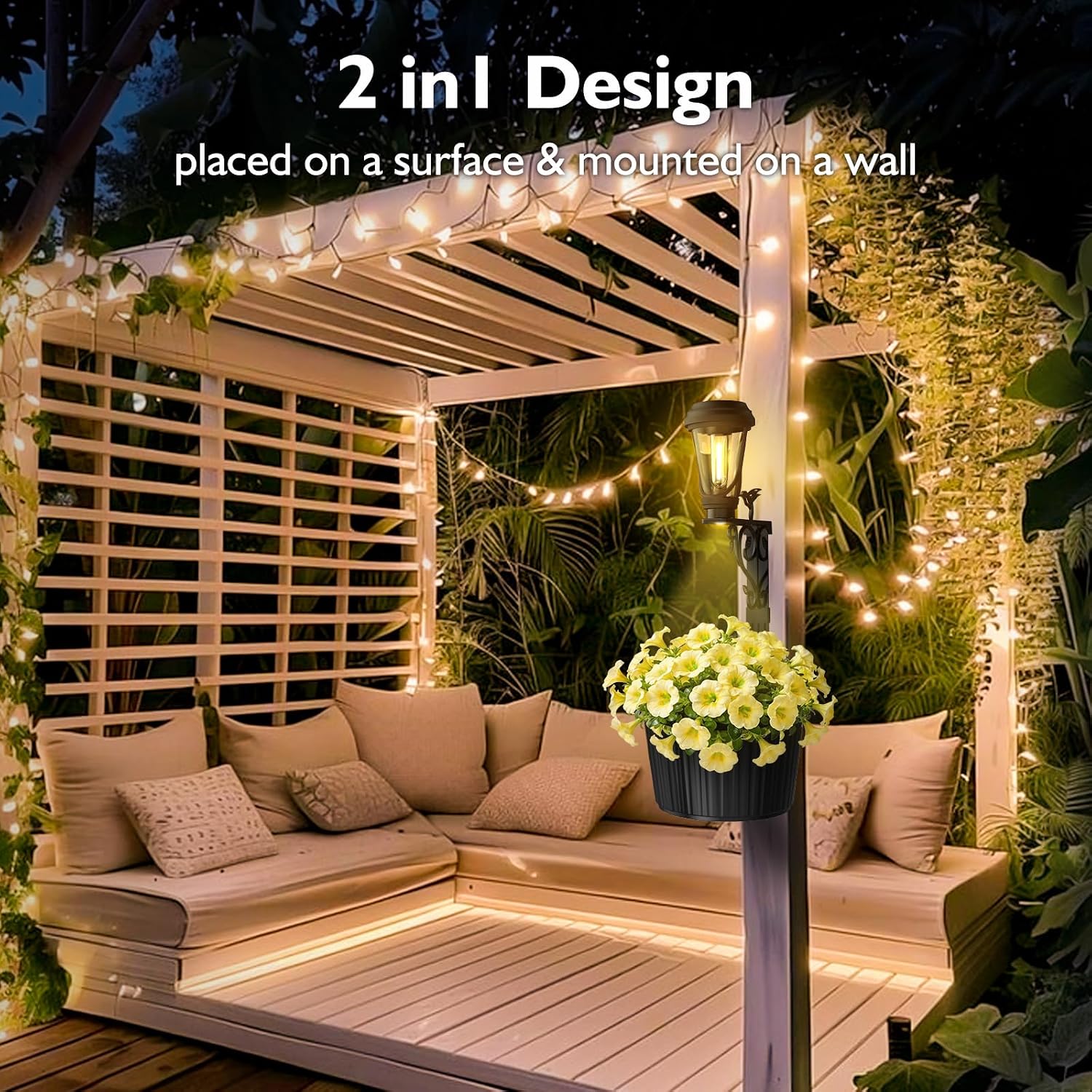 19.29" H Solar Lights Planter Dual-Sided 3000K Warm White Lighting, 2 in1 (Wall/Stand) Flower Pots, Auto on/Off IP65 Solar Post Light with Planter Waterproof for Yard, Patio, Porch, Pathway Decor