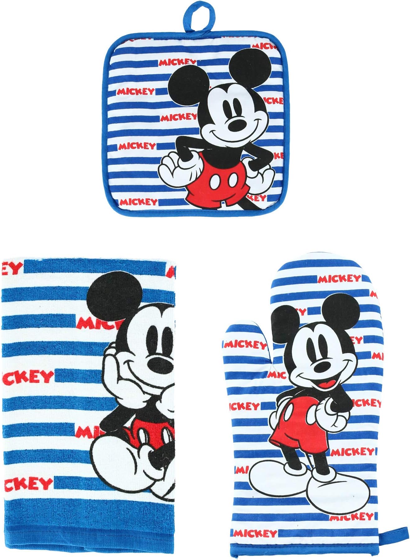 Disney Oven Mitt towel 3 piece Kitchen Set Mickey Mouse Strips USA BLUE