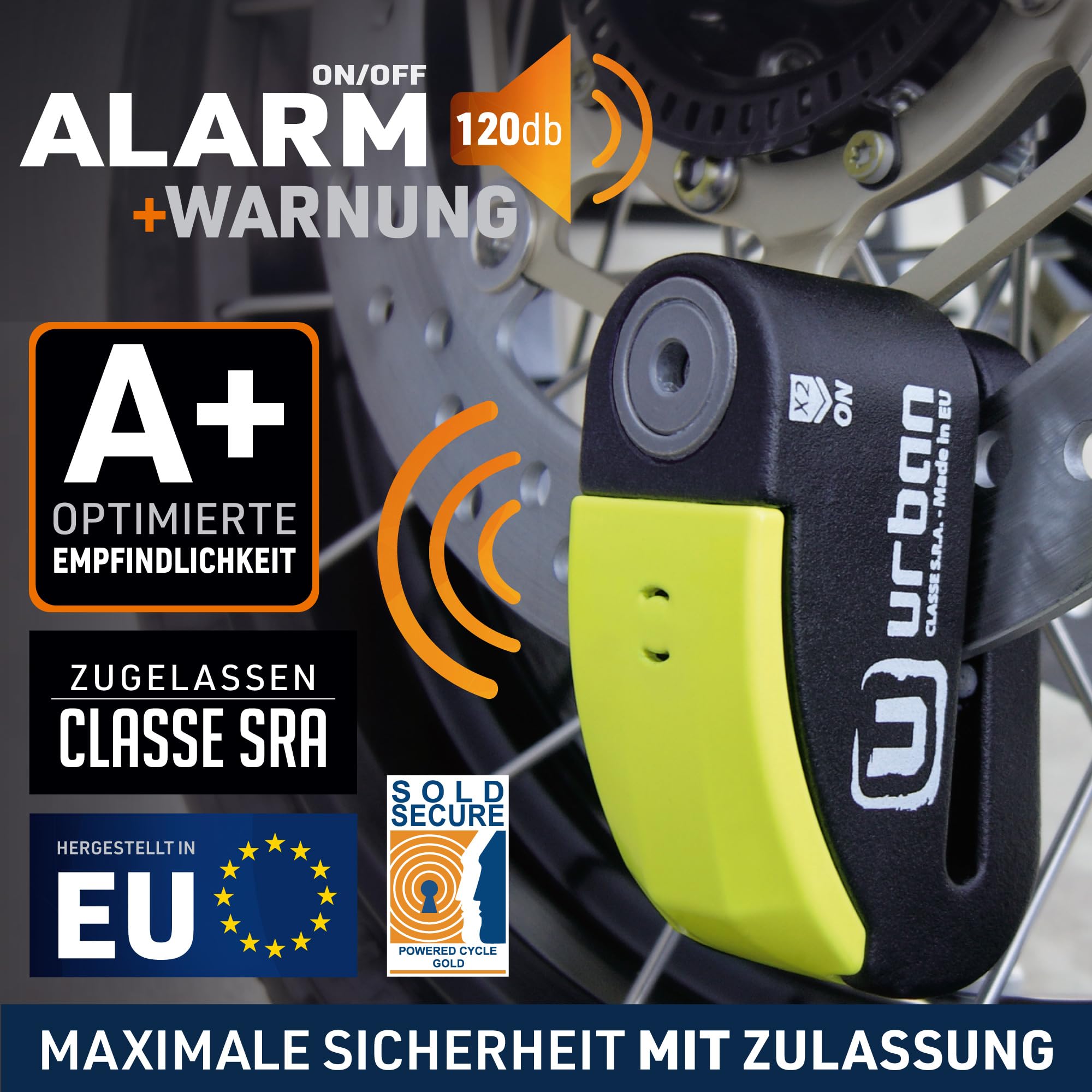 URBAN 999 Hi-Tech Bremsscheibenschloss mit Alarm 120dB ON/OFF Empfindlichkeit A+, Maximale Sicherheit mit SRA Zulassung, Doppelverriegelung ø14mm, Optionale Halterung, Motorradschloss mit Alarm