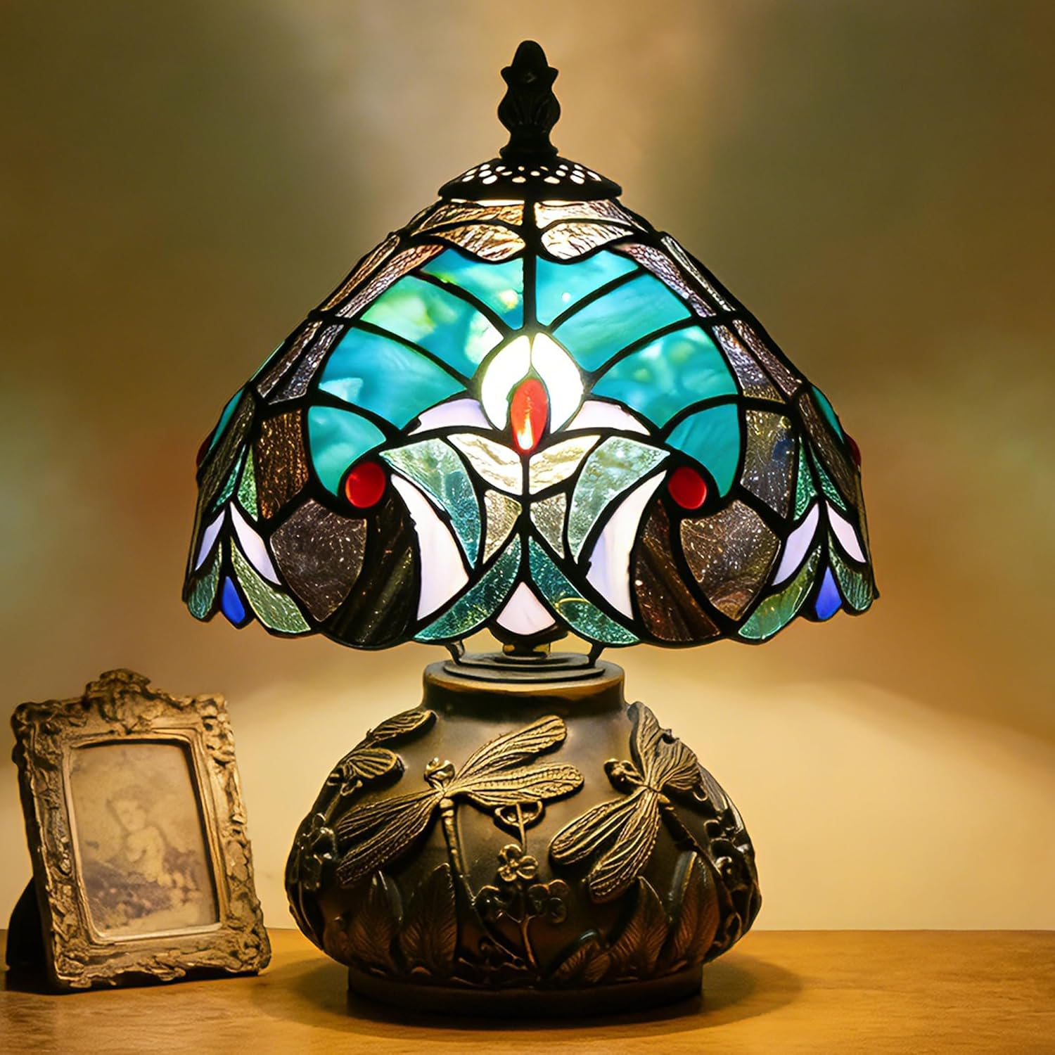 Small Tiffany Lamp Mini Stained Glass Table Lamp Mushroom Memory Sympathy Lamp 8X11 Inch (Green Liaison Style)