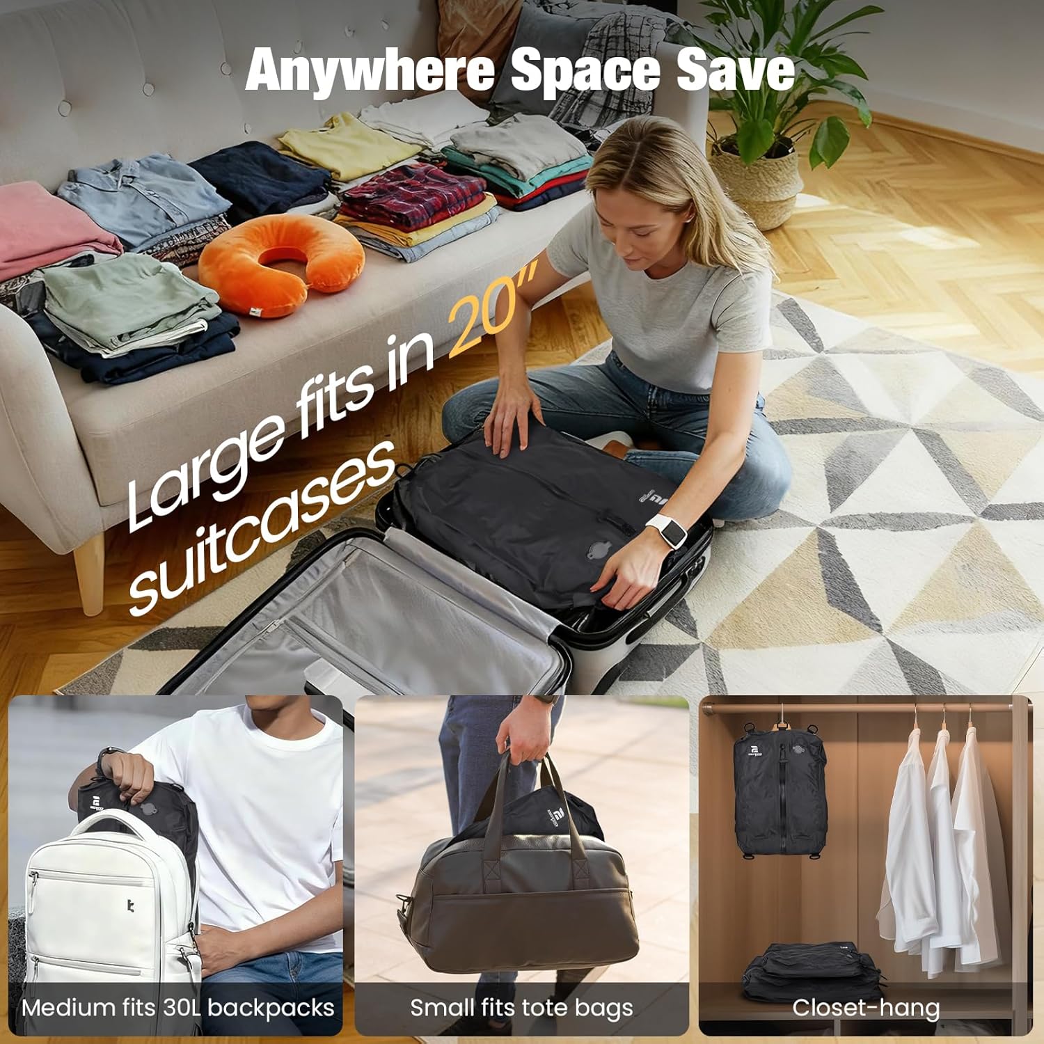 3 Pack Vacuum Bags for Travel with Pump, 3-Size Set Reusable Vacuum Compression Bags for Luggage, Space Saver IP67 Waterproof Vacuum Packing Cubes for Suitcase&Backpack, Black