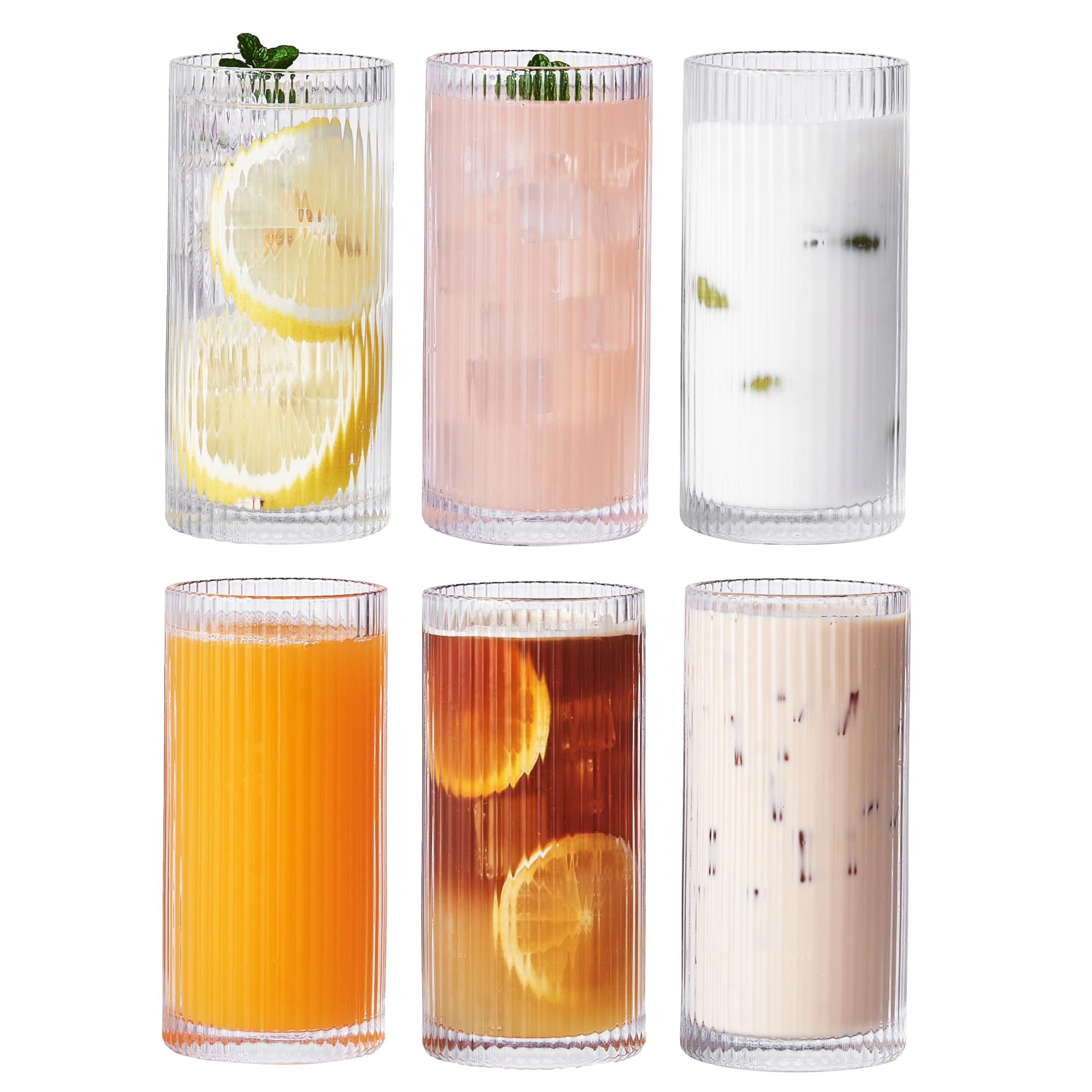 Striped Highball Glasses | Durable and Stylish, Tumblers for Cocktails, Hot and Cold Drinks (Set of 6, 350ml)