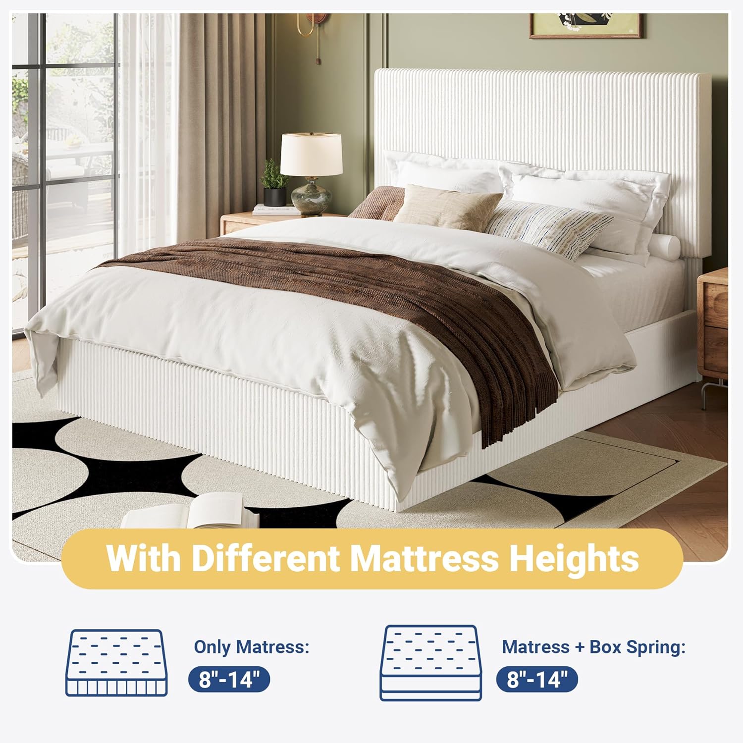 Allewie Queen Bed Frame, Upholstered Platform Bed, Adjustable Vertical Channel Tufted Headboard, Corduroy Fabric, Modern Low Profile, Wooden Slats, No Box Spring Needed, Easy Assembly, White