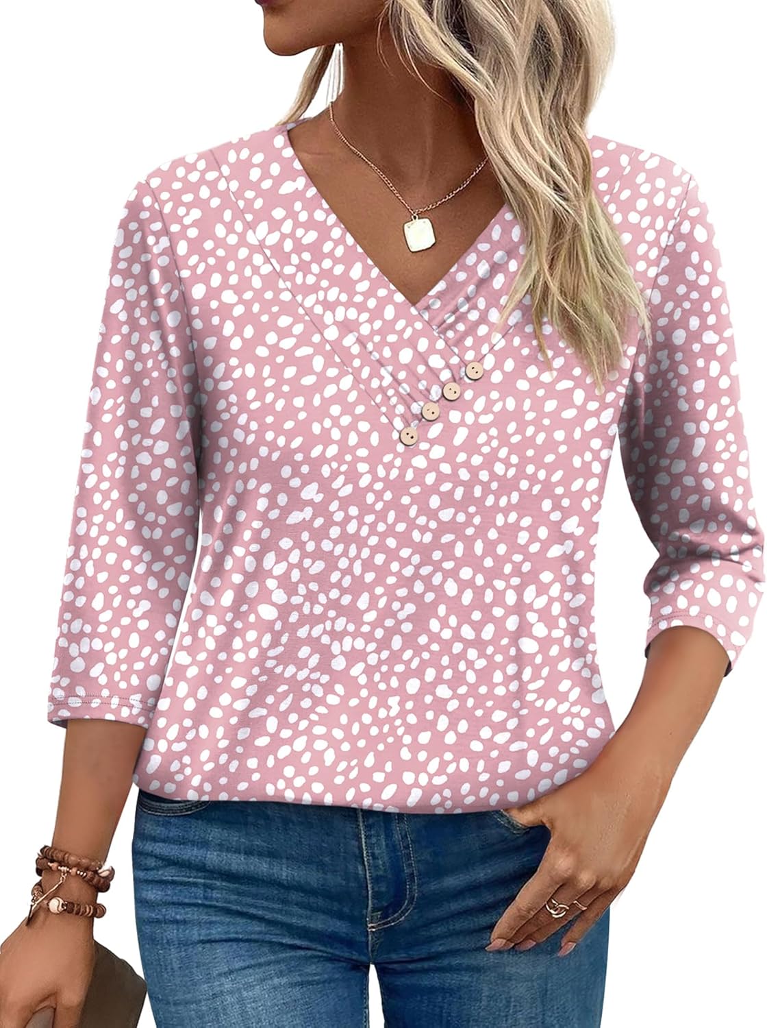 Sampeel Women's V Neck 3/4 Length Sleeve Button Down Shirt - Image 4