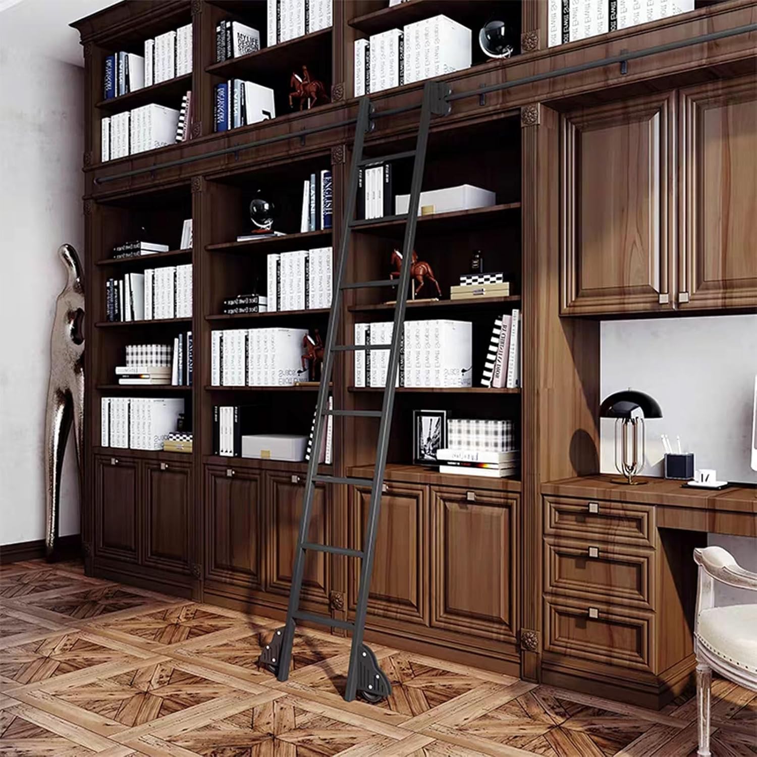 Black Sliding Library Ladder Rail Hardware Kit. for Loft/Kitchen/Warehouses/Wine Cooler/Home Climbing Ladder Track Kit Roller System (No Ladders)(23.6ft/720cm Track Kit)