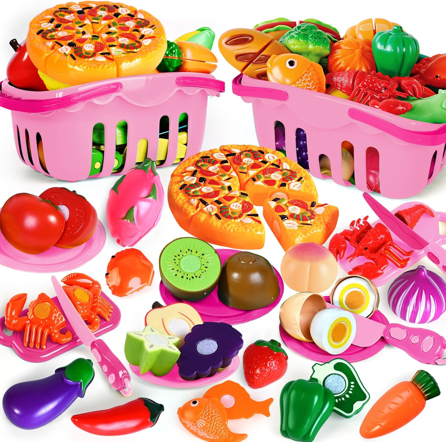 100 Pcs Play Food Set for Kids Kitchen, Pretend Food Toy for Toddlers Age 1-3, Plastics Cutting Fake Food/ Fruit/ Vegetable Accessories with 2 Baskets, Birthday Gifts for 2 3 4 5 Years Old Boys Girls