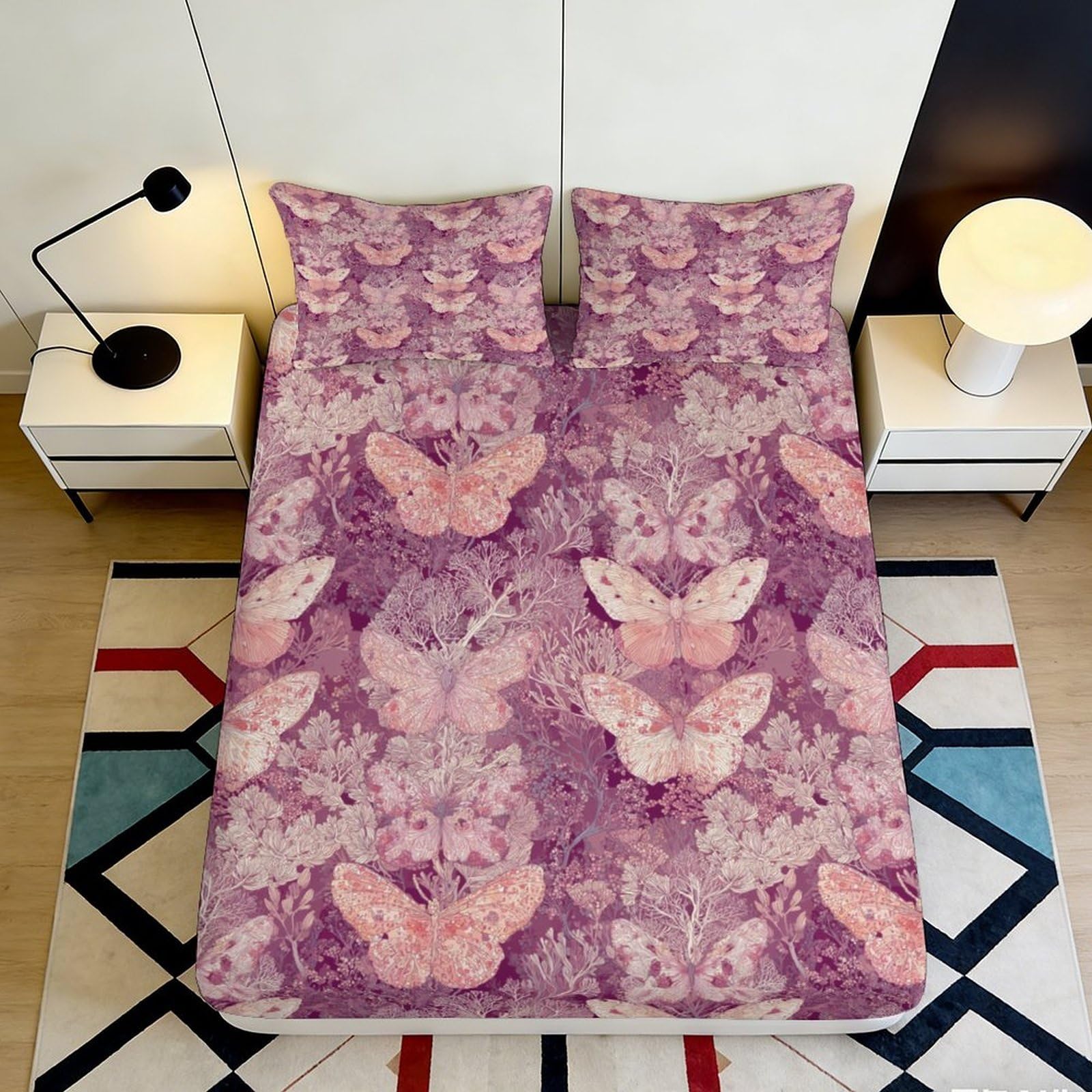 3D Printed Butterfly Floral Fitted Sheet Microfiber Deep Pocket Non-Slip Bedding Decor Butterfly Mattress Fitted Cover Elastic Hem Washable for Bedroom Adults Teens 90x200x25cm