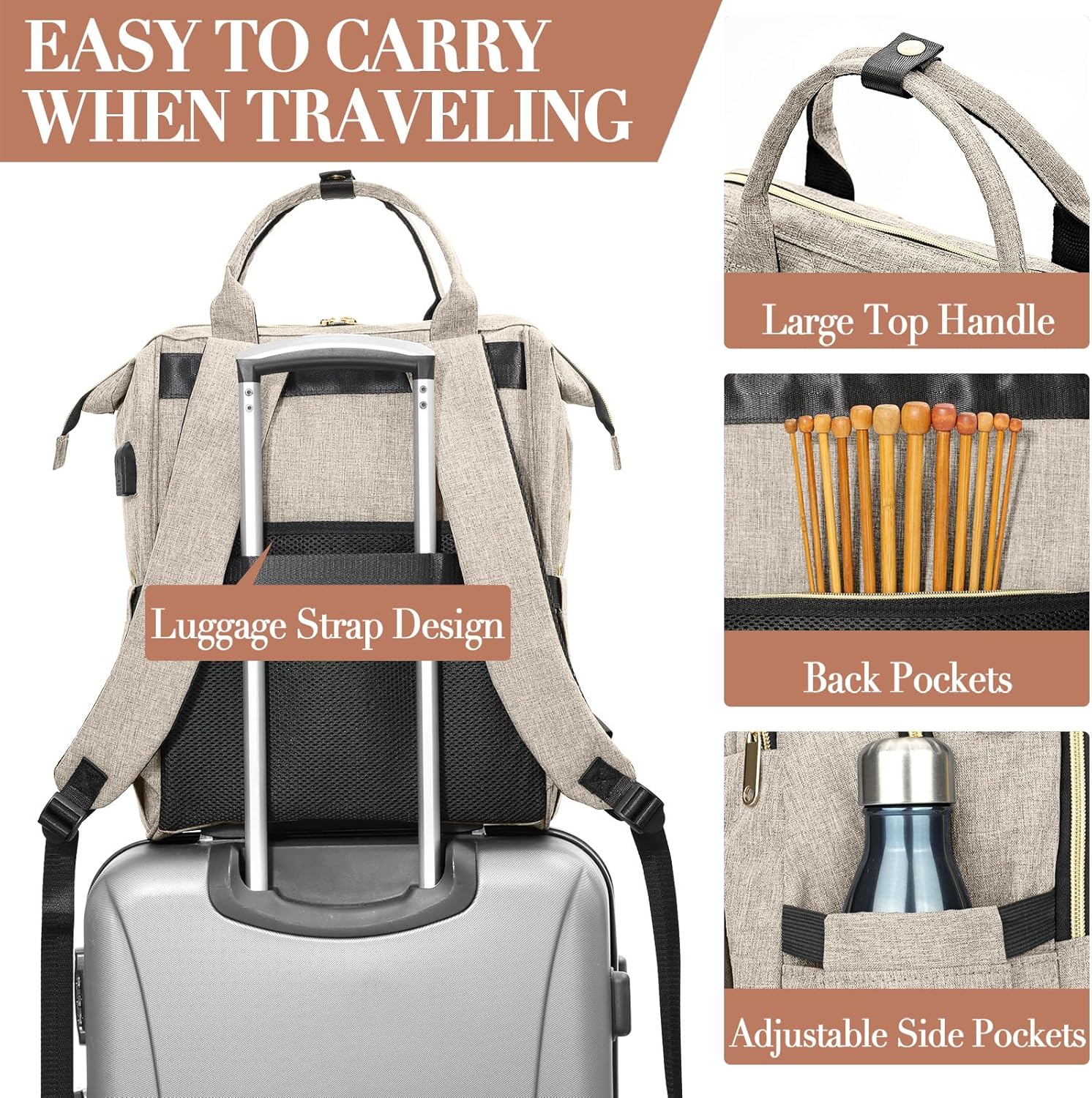 Knitting Bag Backpack, Crochet Bag Tote, Yarn Organizer with USB Charging Port, Christmas Gifts Large Travel Knit Storage Tote for Crochet Hooks, Knitting Needles, Yarn Supplies, Beige