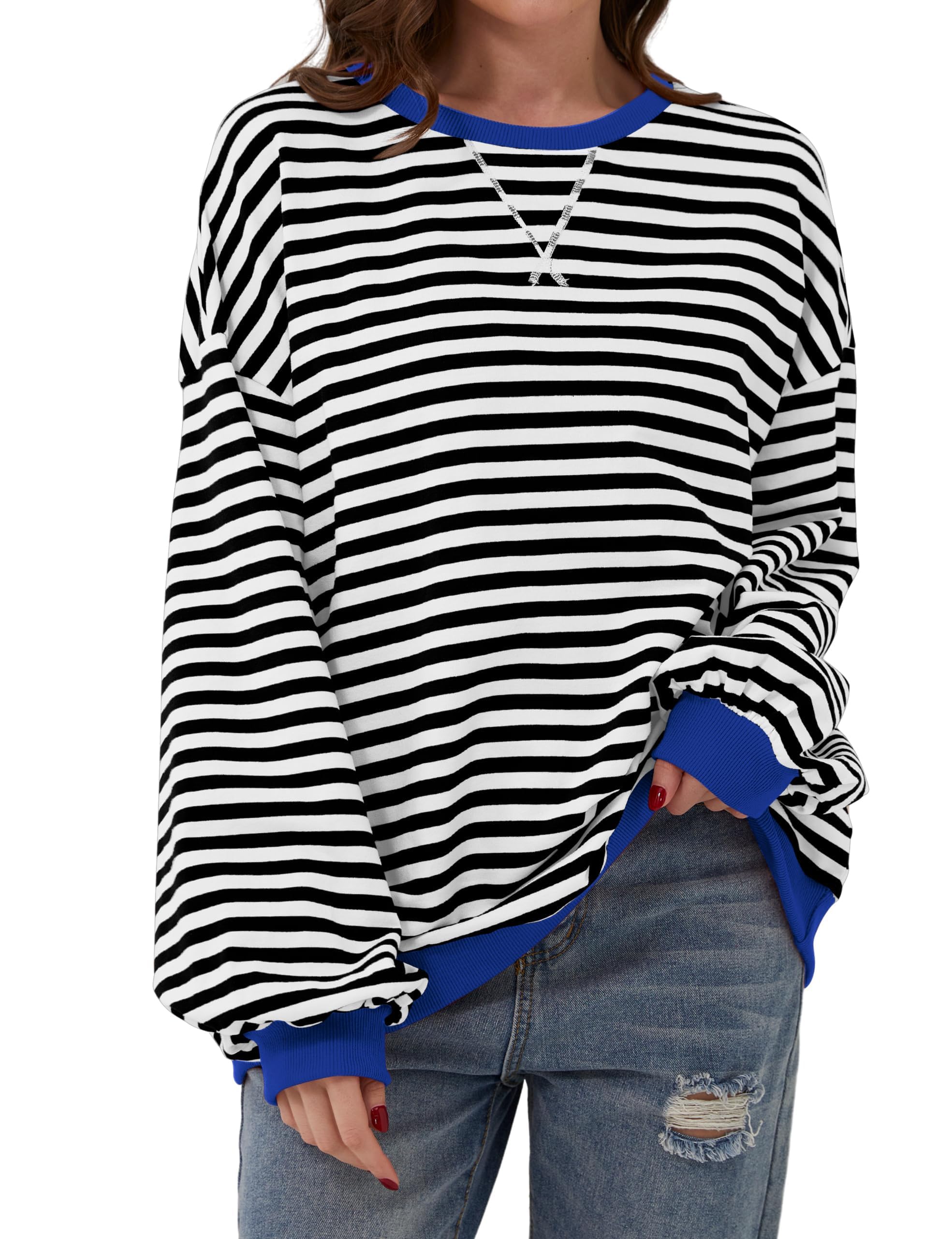 DUOEASE Jersey Mujer Otoño Cuello Redondo Manga Larga Rayas Camiseta Casual Oversize Sudadera Mujer Sin Capucha