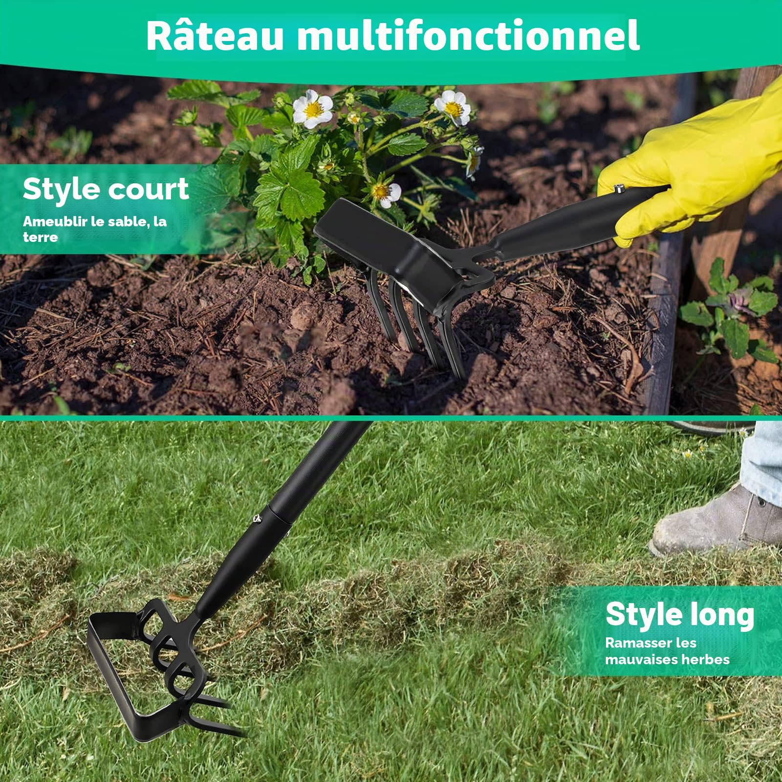 Houe de Jardin avec Râteau, Serfouette Binette Trident de Jardin pour Labourer et Désherber Le Sol, Cultivateur de Jardinage Manuel, Largeur 157cm Réglable