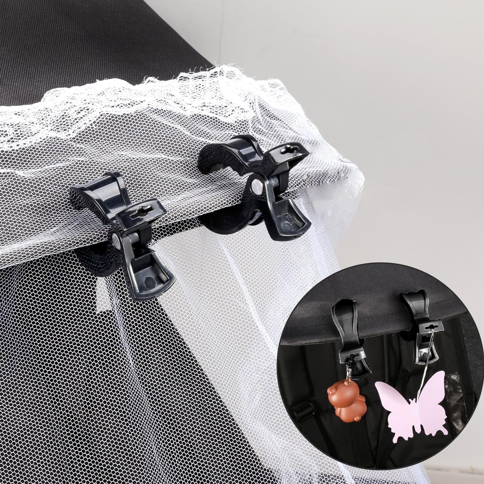 6 Pezzi Set di Mollette Passeggino,Accessori Passeggino Ganci Passeggino Universali Clip Coprisedili per Auto,Morsetto per Coperta Zanzariera Passeggino e Coperta Passeggino-Nero
