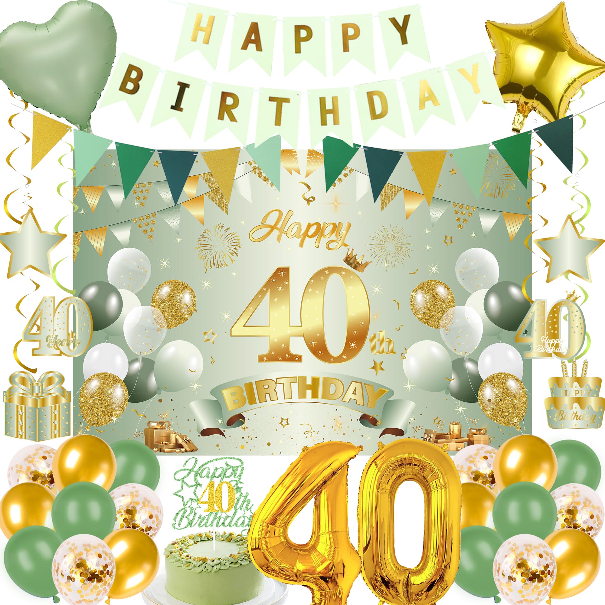 LPPIIUSSU 40th Birthday Decorations Women Men - 32 Pcs Sage Green Gold Banner Pennant Backdrop Hanging Swirls Number Balloons Cake Topper Table Decor For Her Him 40 Year Old Party Supplies