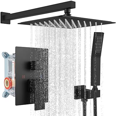 gotonovo Rainfall Bathroom Shower System Rain Shower Head and Handle Set Wall Mounted Shower Complete Combo Solid Brass Pressure Balancing Shower Mixer Valve 10 Inch Matte Black