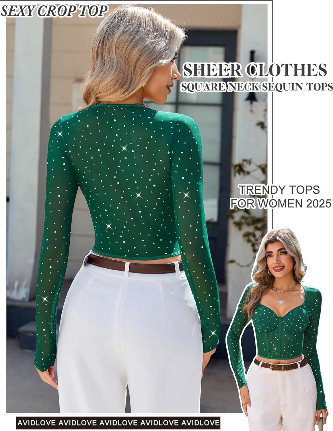 Avidlove Women Mesh Tops Long Sleeve Sparkle Crop Top Square Neck Y2K Date Night Outfits S-XXL - Image 4