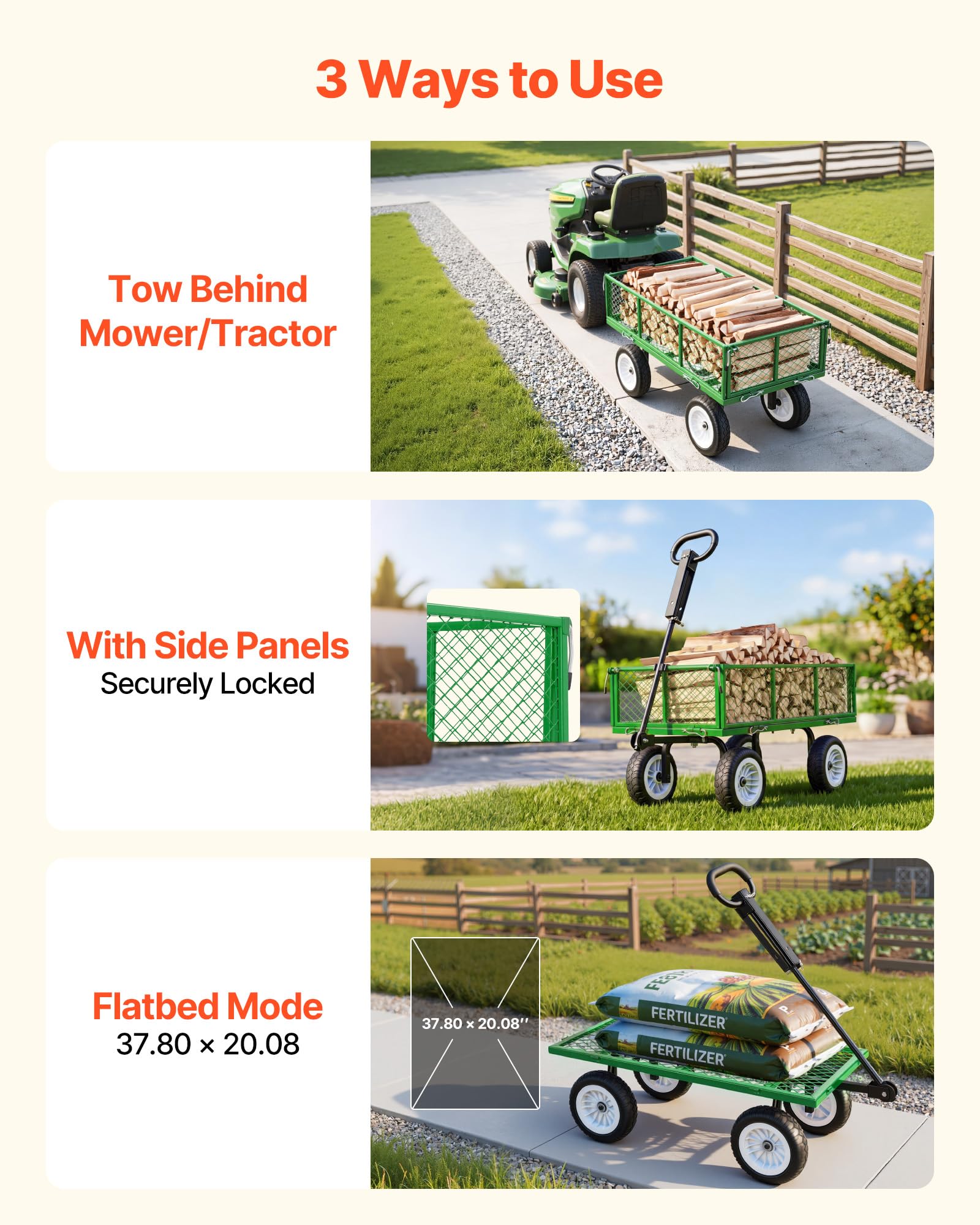 VEVOR Chariot de Jardin en Acier Max. 408,2 kg Chariot de Transport de Jardin pour Bois Terre Débris, Côtés Amovibles, Pneus PU Increvables 25,4 cm, Poignée Réglable, Compatible Quad Tracteur, Vert