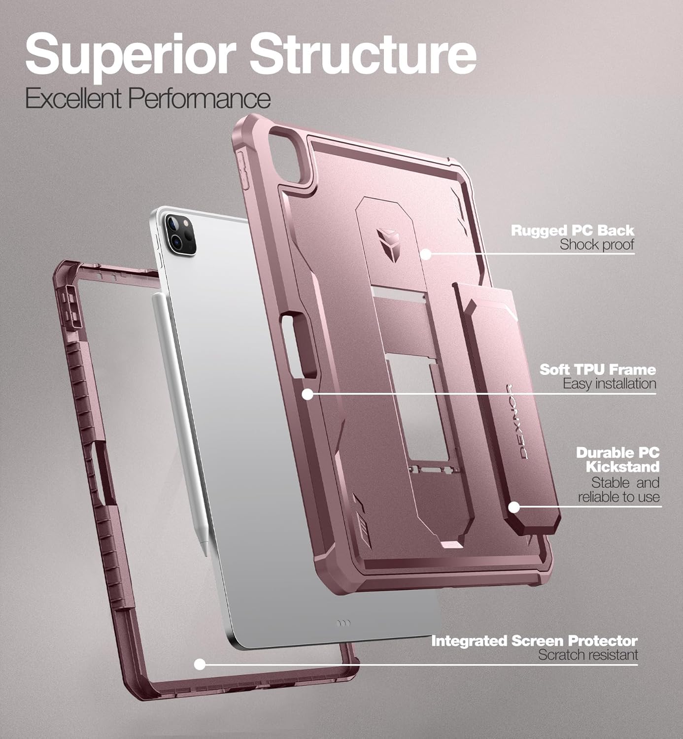 Dexnor for iPad Pro 12.9 Inch Case 2022/2021/2020(6th/5th/4th), Heavy Duty Shockproof Dual Layer Full-Body Bumper Protective Cover with Built-in Screen Protector & Kickstand & Pen Holder - Matte Pink - Image 5