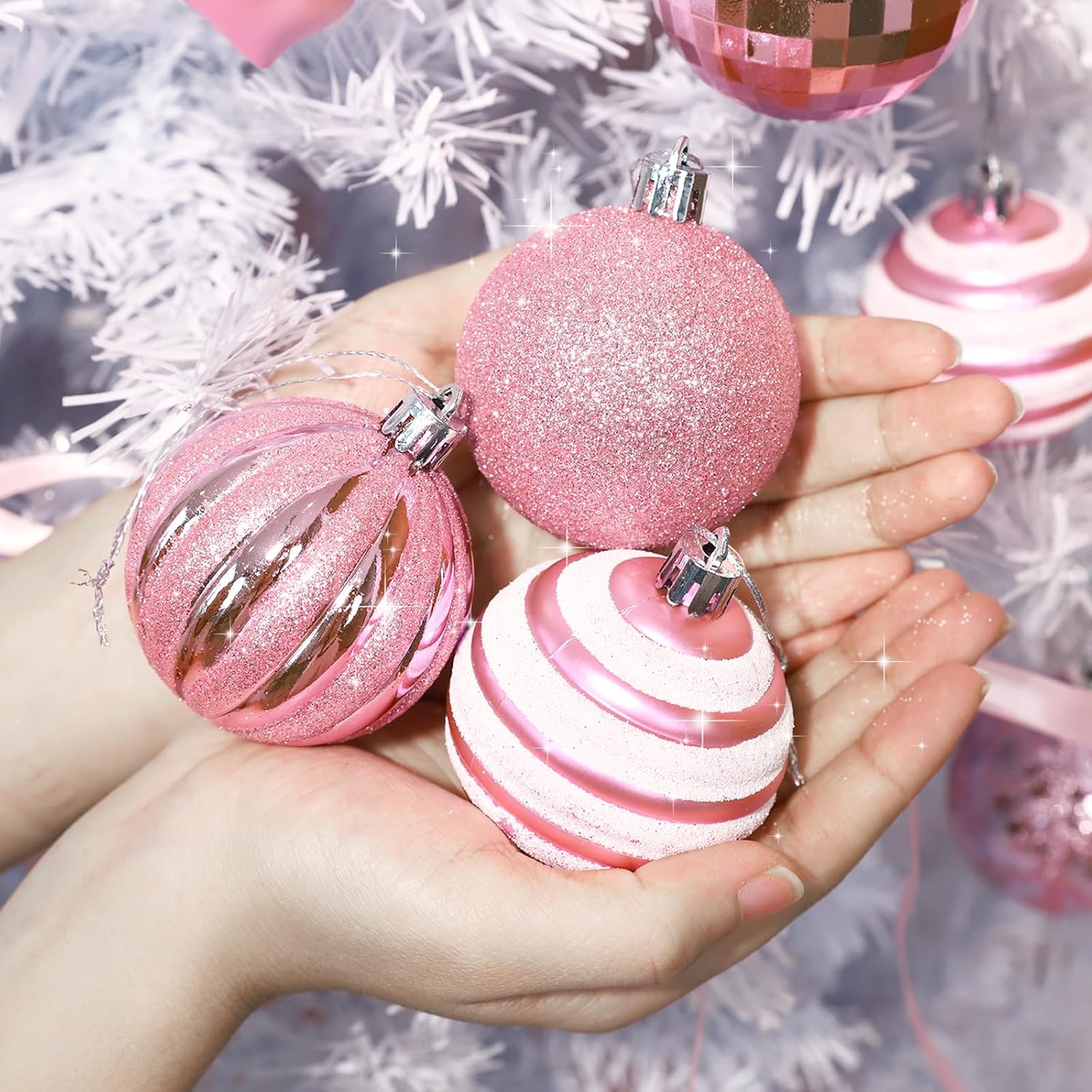 20 Pcs Christmas Ball Ornaments Pink Christmas Ornaments Glittering Plastic Hanging Decorations with 10Pcs Pink Bows Christmas Tree Decorations - Image 6