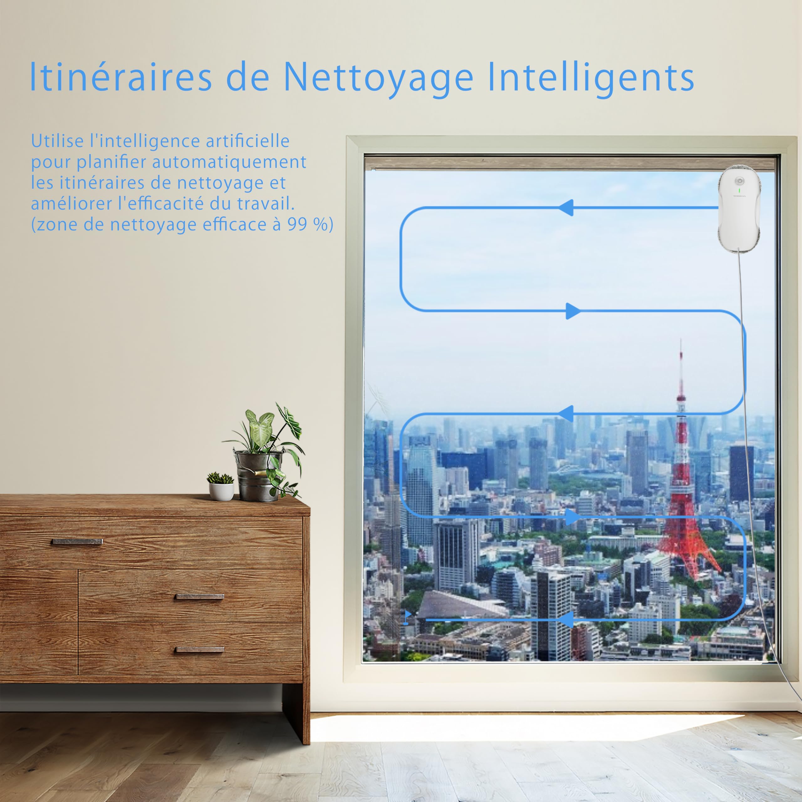 Tosima W2 Blanc Robot Nettoyeur vitre Automatique,Robot Nettoyeur de Vitres with 3800pa de Aspiration puissante,Triple système de sécurité,Lave à télécommand with 12 Chiffons
