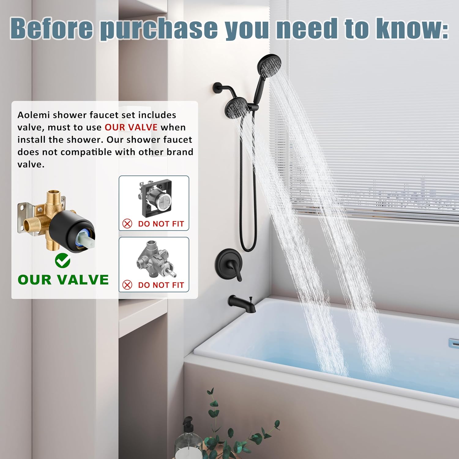 Aolemi Shower Faucet Set with Tub Spout Rain Shower Head System Shower Trim Kit Pressure Rough-in Valve Included ABS 8 Setting Dual Shower Head and Handheld Spray Matte Black - Image 2