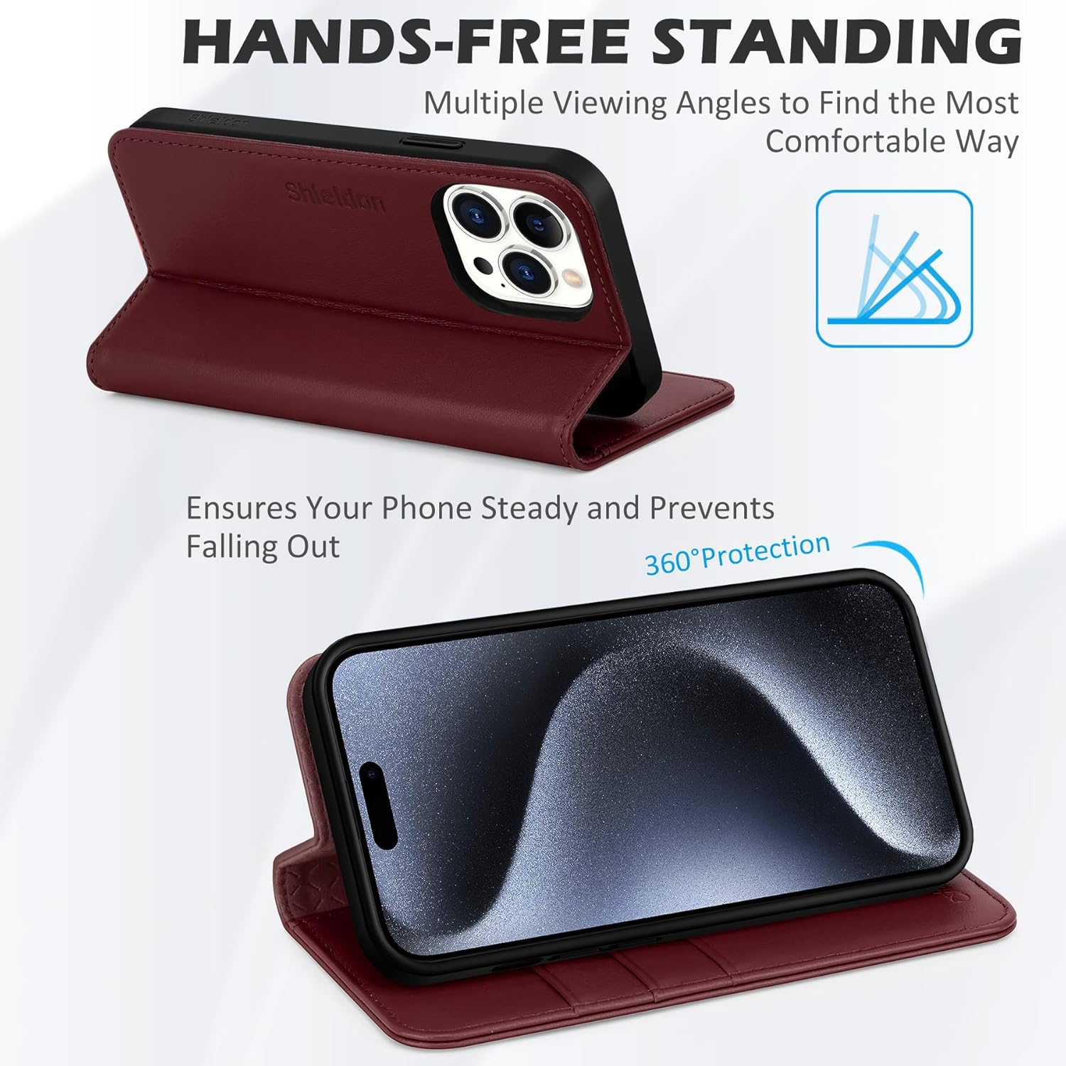 SHIELDON Case for iPhone 15 Pro Max, Genuine Leather Wallet RFID Blocking Card Holder Folio Magnetic Stand Shockproof Cover Compatible with iPhone 15 Pro Max 6.7" - Wine Red - Image 4