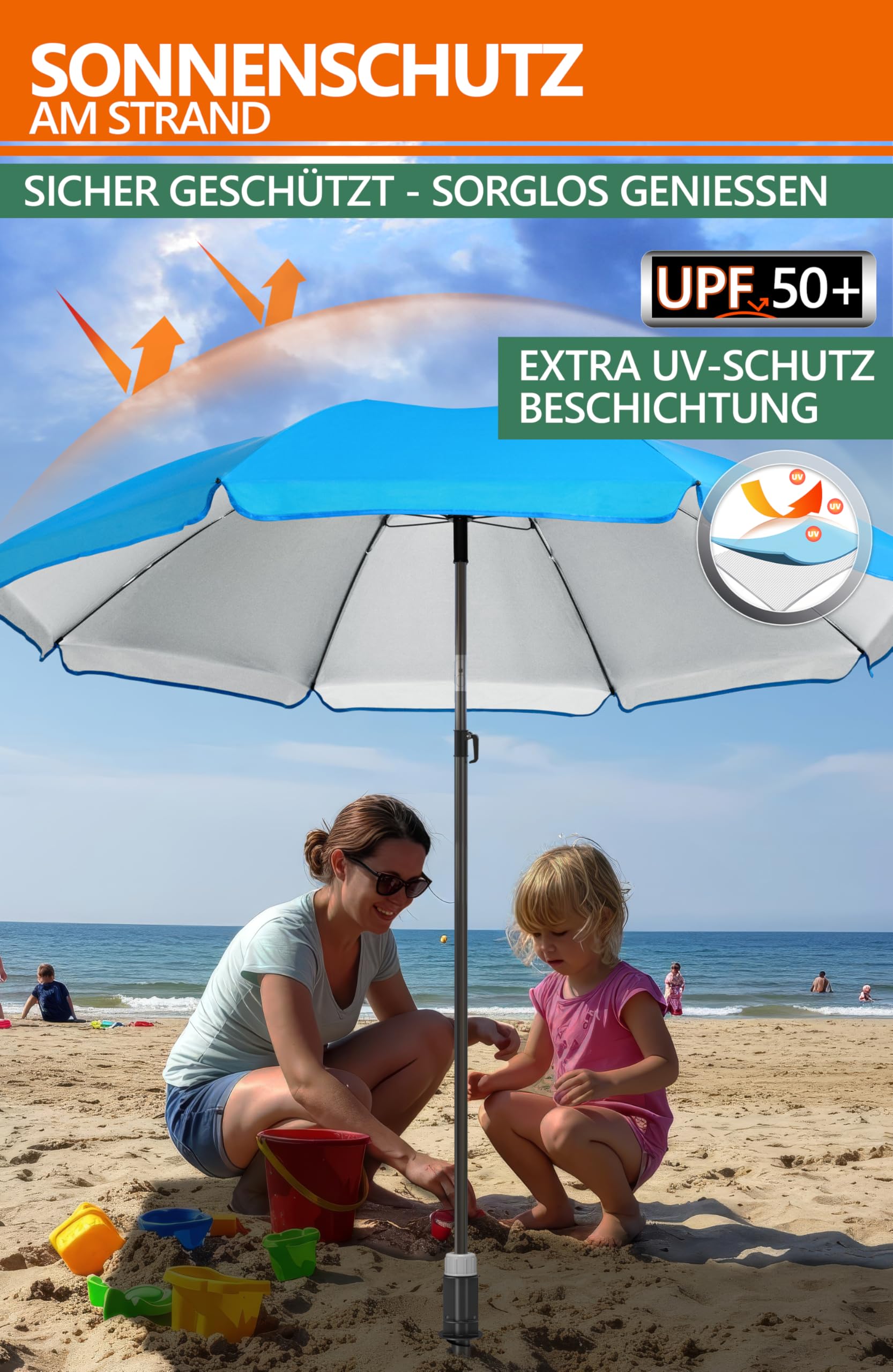 4smile Sonnenschirm Strand SunnyJoy 3-IN-1-SET, Fb. Blau - Strandschirm Ø 180 cm + Bodenhülse + Schutzhülle - Strandschirm windfest stabil, Sonnenschirm mit UV-Schutz 50+