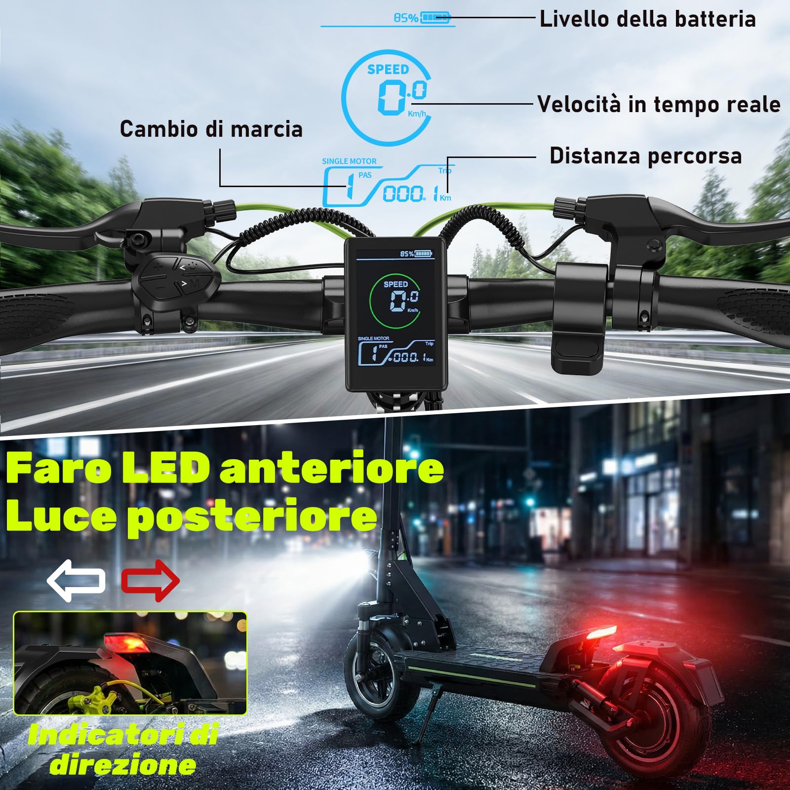 Monopattino Elettrico Adulto Fuoristrada 10" Autonomia 55-90KM APP Frecce | Motore 500W, batteria 13AH/18.2AH, carico 150 kg, doppio ammortizzatore, freni a disco anteriori posteriori
