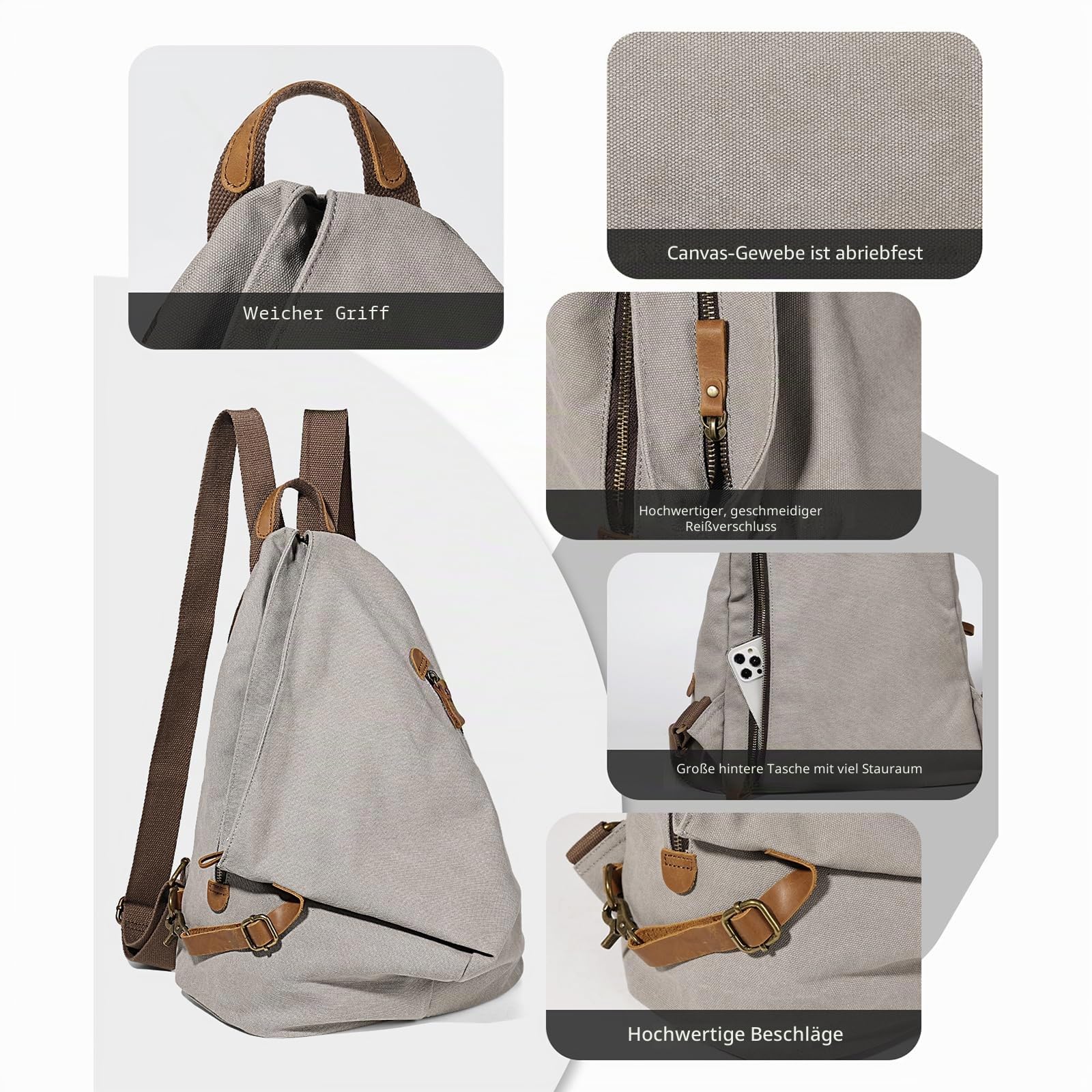 Retro Segeltuch Rucksack Canvas Vintage Rucksäcke Echtleder Daypack Reisetasche Schulterrucksack für Herren Damen (6882-Canvas-Leaden)