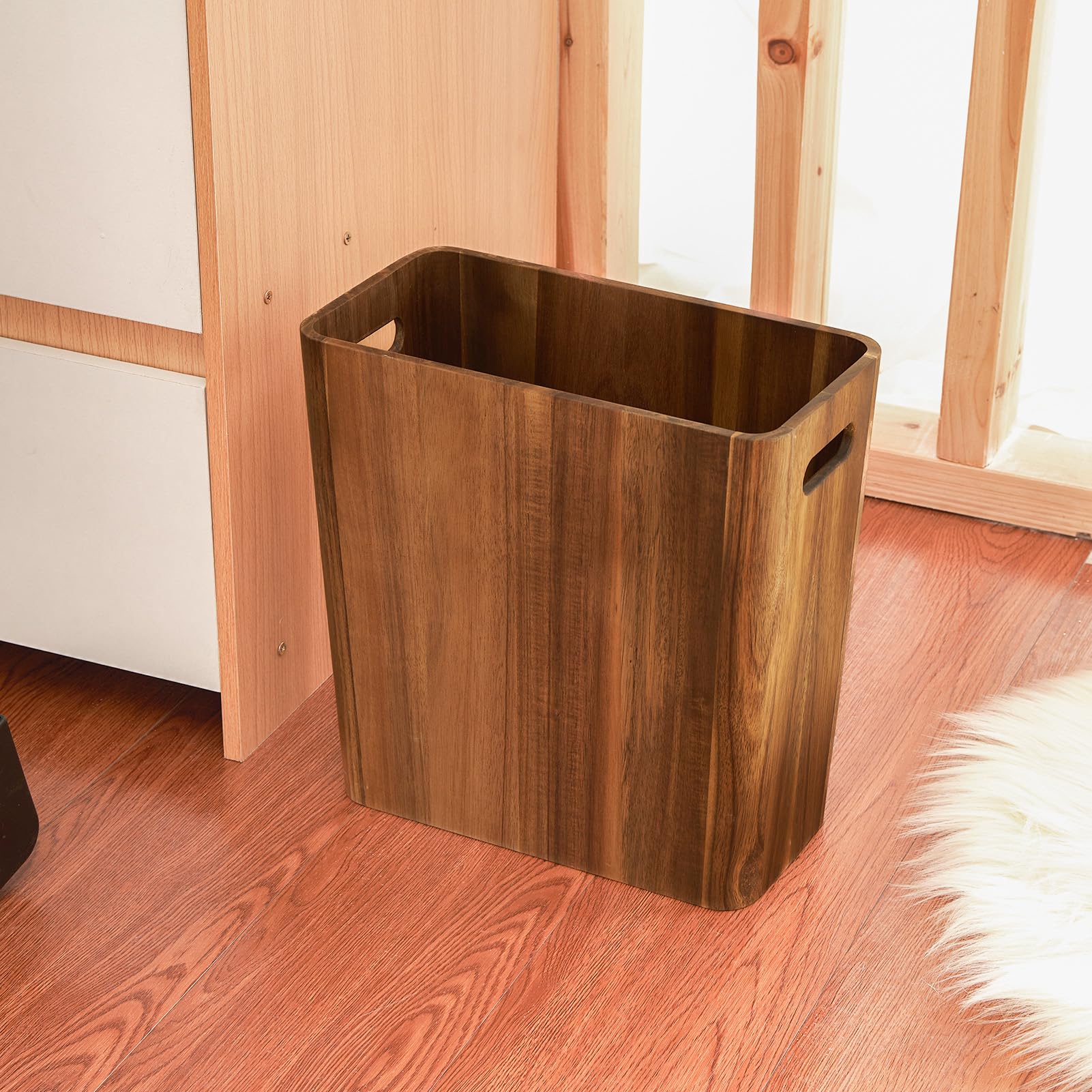 LingTing 10L Holz-Abfallkörbe, Massivholz-Akazien-Abfallkorb mit Griffen, Rechteckiger Mülleimer, Abfallbehälter für Schlafzimmer, Badezimmer, Küche, Wohnzimmer und Büro – Dekoratives Wohnaccessoire