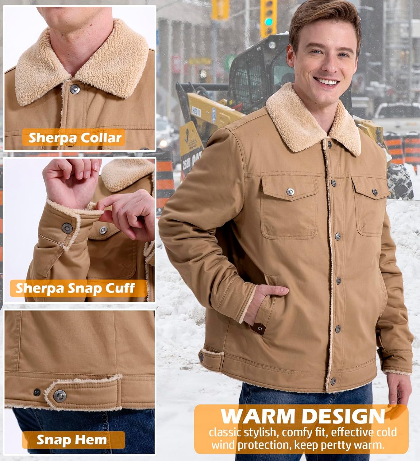 NAVEKULL Men's Warm Winter Jacket Thick Cotton Fleece Lined Work Coat Thermal Lapel Sherpa Cargo Trucker Jacket - Image 6