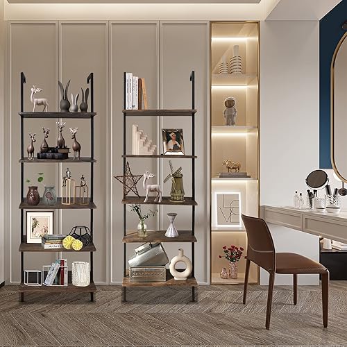 Miniatura 7 de Aboxoo Estantería de escalera 2 piezas, estantería abierta de 5 niveles, estantería de pared de madera, con respaldo abierto, estante de plantas y