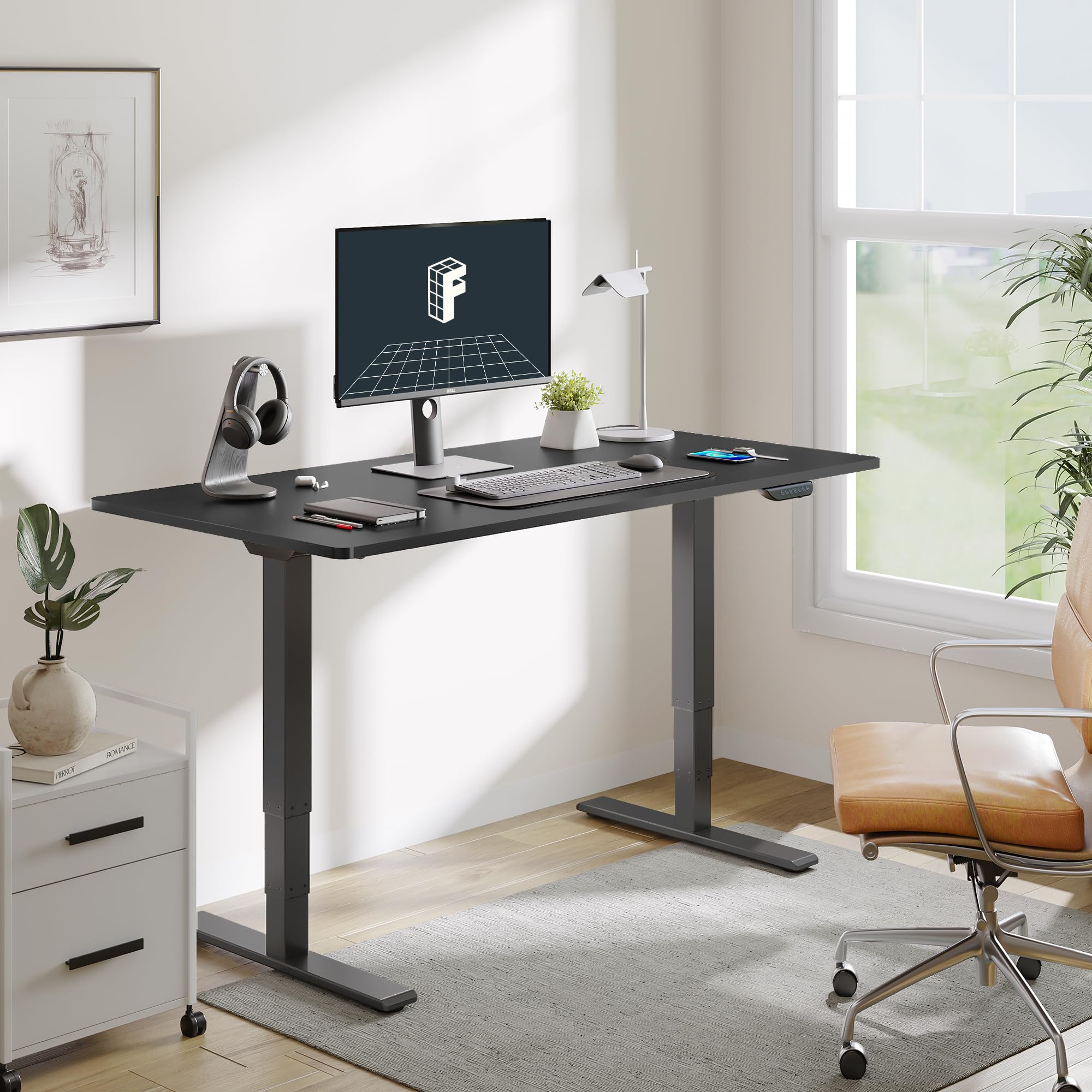 FLEXISPOT E6 MAX Dual Motor 3 Stages Standing Desk 55x28 Inch Whole-Piece Board Electric Height Adjustable Stand Up Desk 150KG Load Capacity(Black Frame + Black Desktop)