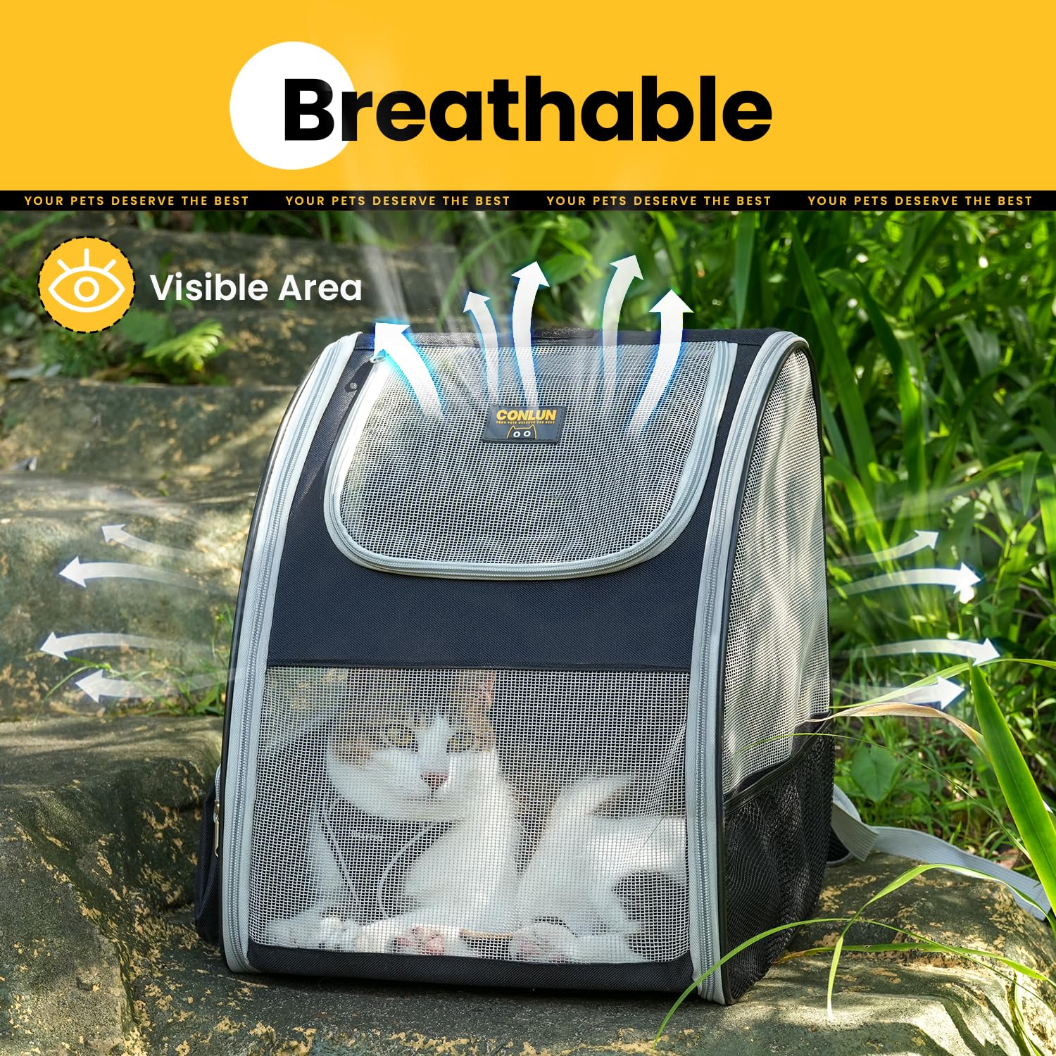 Conlun Mochila Gato y Transportin Perro pequeño para Perros pequeños y Gatos de hasta 7 kg, Mochila para Perros Ventanas de Malla en 3 Lados, para Viajes y Senderismo,Gris