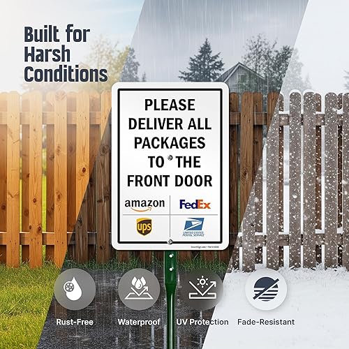 Miniatura 2 de SmartSign Letrero de patio con texto en inglés "Please Deliver All Packages to The Front Door" de 10 x 7 pulgadas, aluminio laminado a prueba de
