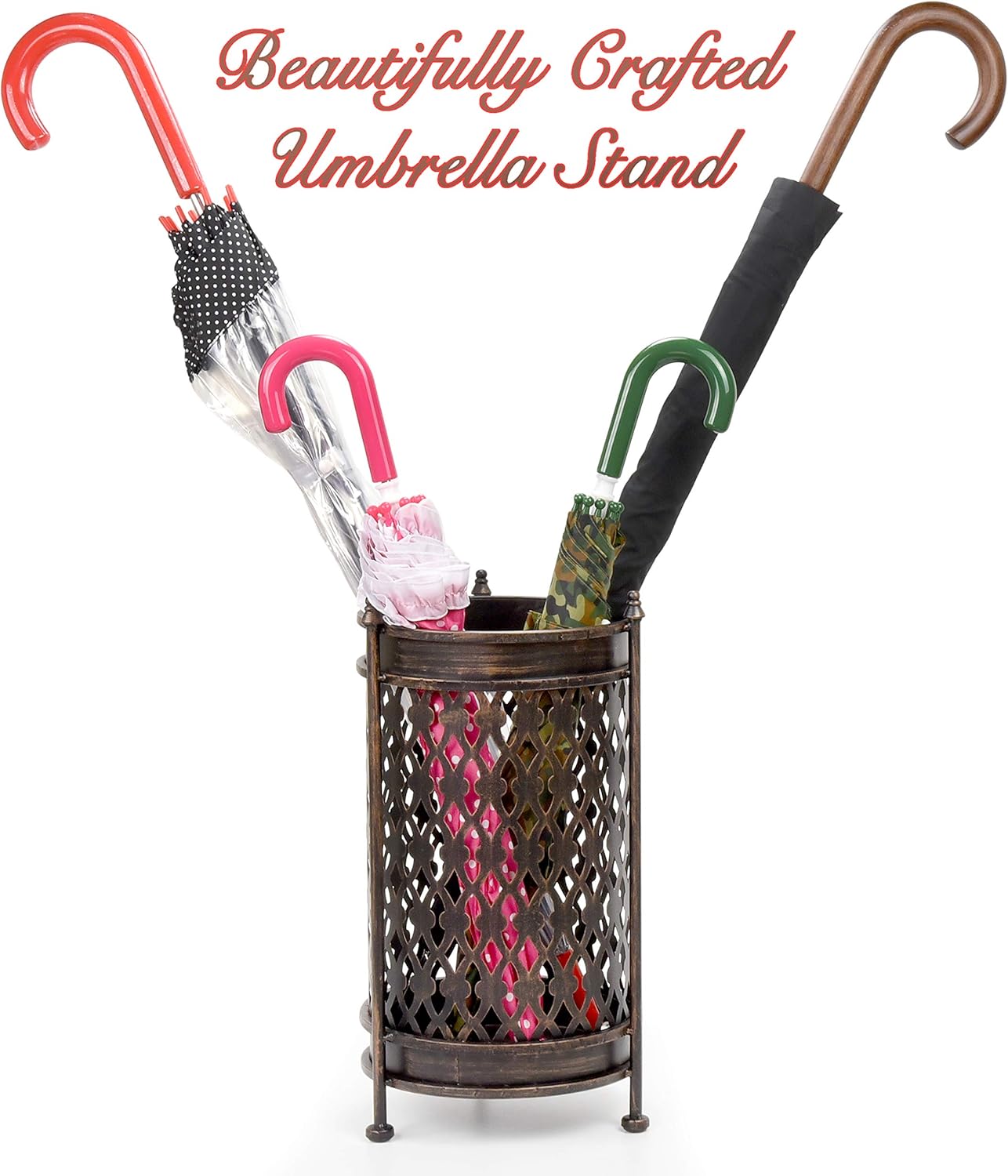 Dualplex Super Quality Umbrella Stand Umbrella Holder Antique Look Metal Entry Hallway Décor Round Style w/Removable Drip Tray Home Office Rack Umbrellas Canes Walking Sticks Gift Idea 16" Tall