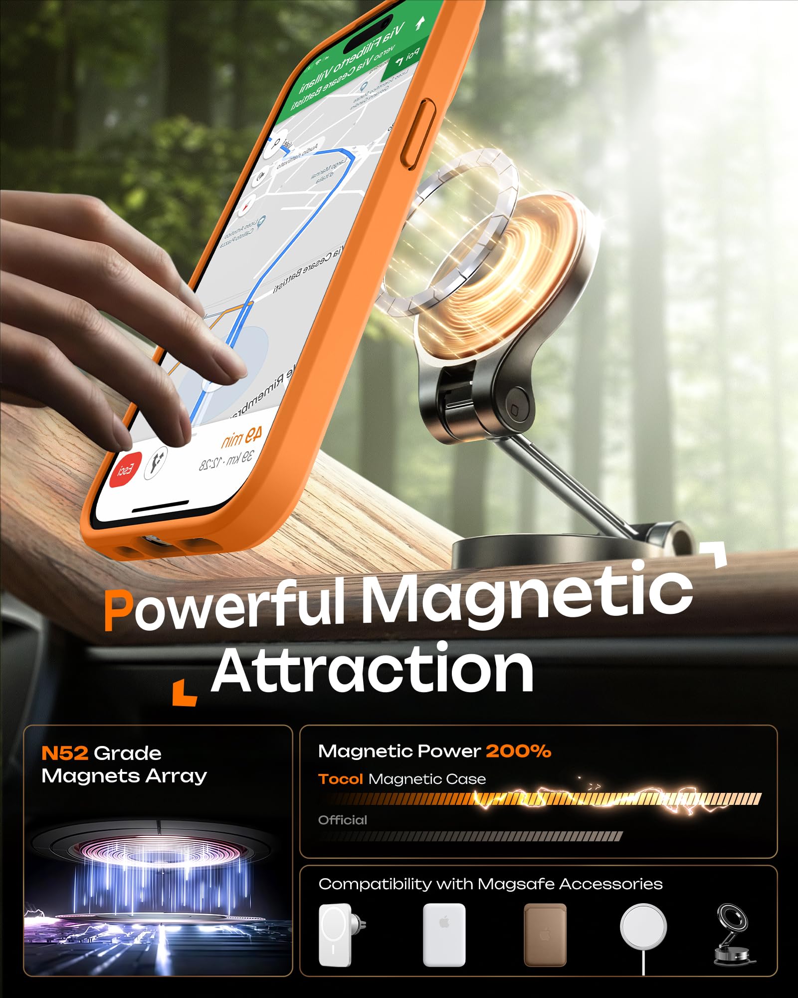 TOCOL Cover Magnetica per iPhone 14 Pro Max 6,7 Pollic, Compatibile con MagSafe, Protezione Fotocamera Integrata, Custodia Antiurto Traslucida Opaca, Arancione