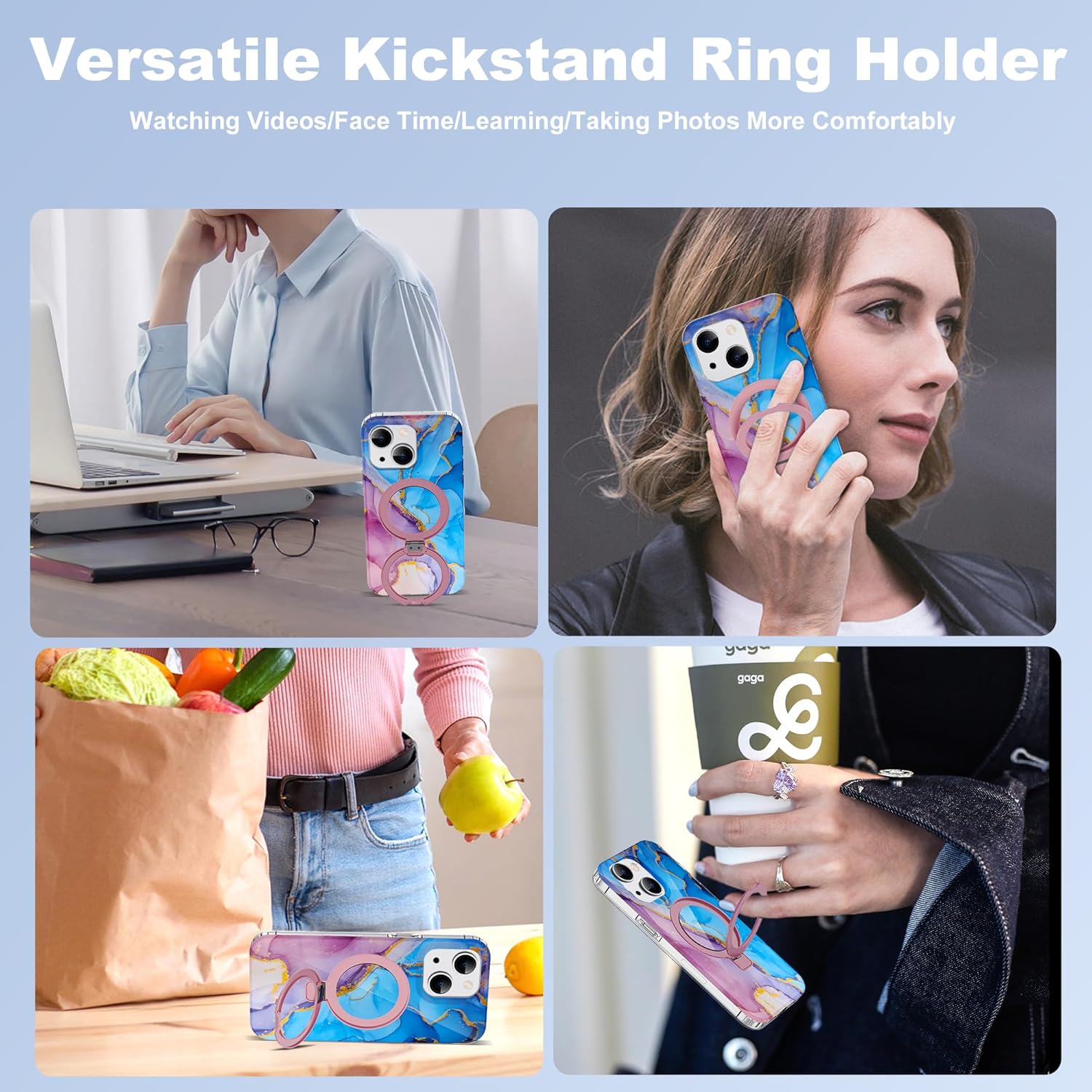 Compatible with iPhone 13/14 Case Marble Pattern with Magnetic Ring Stand [Compatible with Mag-Safe] TPU Protective Phone Case for iPhone 13/14 6.1" for Women, Marble Purple Blue