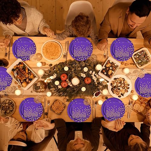 Miniatura 6 de CENLBJ Platos de papel y servilletas de oro morado para fiestas, platos desechables de 50 x 9 pulgadas, platos de postre de 50 x 7 y servilletas de