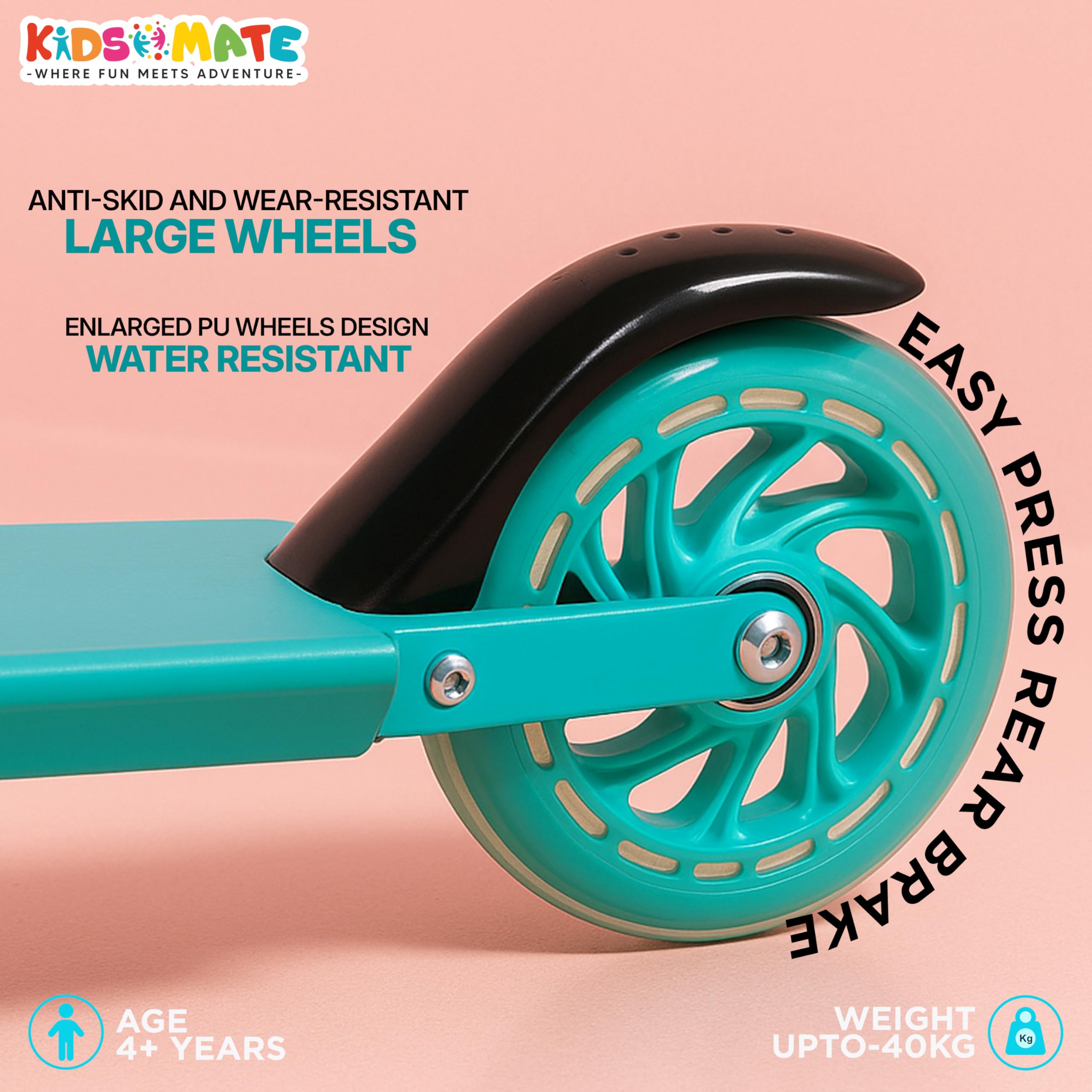 Kidsmate Super Metal Kick Scooter with LED Flashing Wheels | Fun Ride with 4 Level Height Adjustable & Anti-Slip Deck | Easy to Fold & Lightweight Kids Scooter for Boys & Girls 3+ Yrs - Sea Green 4