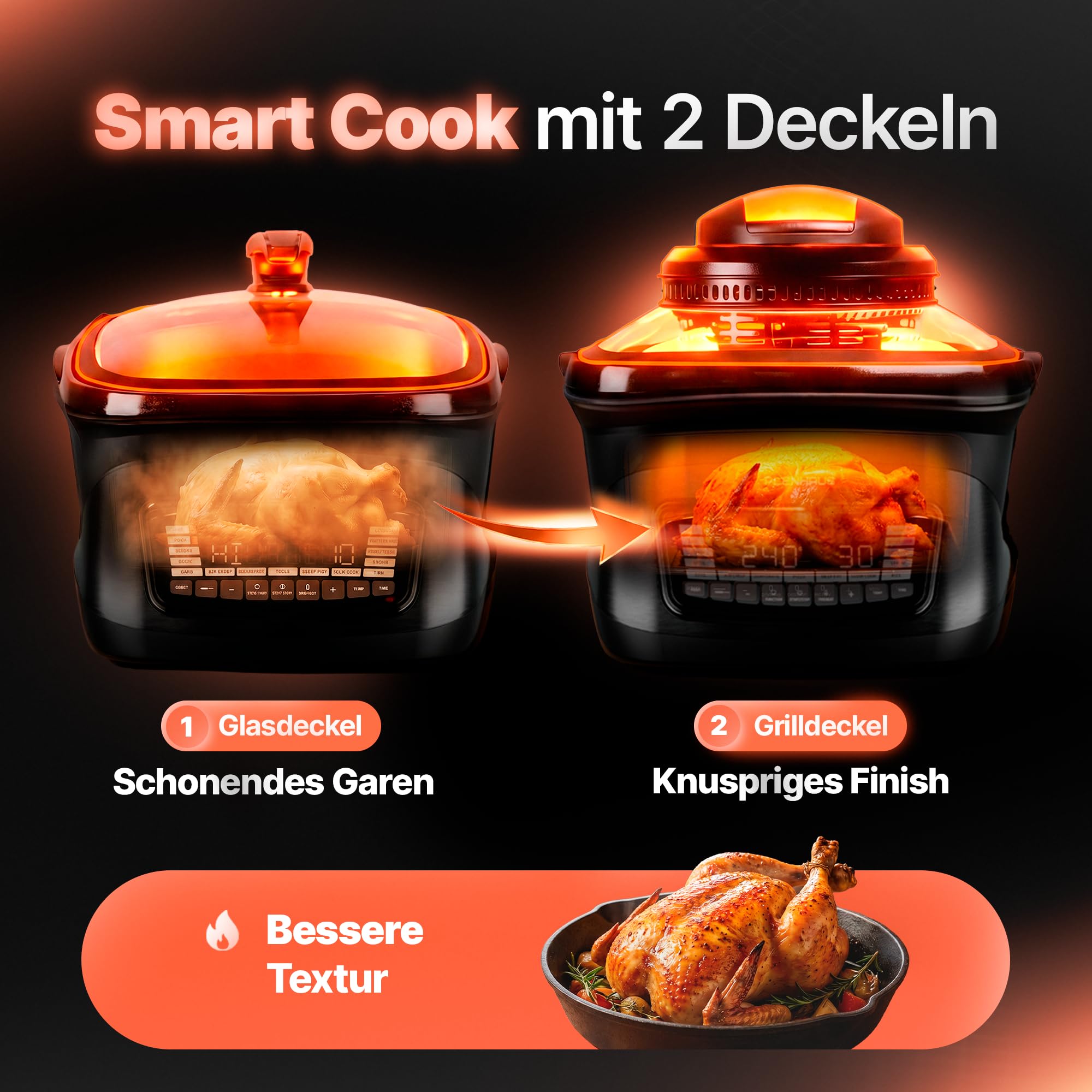 Multikocher mit Heißluftfritteuse & Grill 8L – 14 Programme, 2 Deckel (Glas & Grill), Air Fryer, Backen, Dampfgaren, Sous Vide, Dörren, Warmhalten