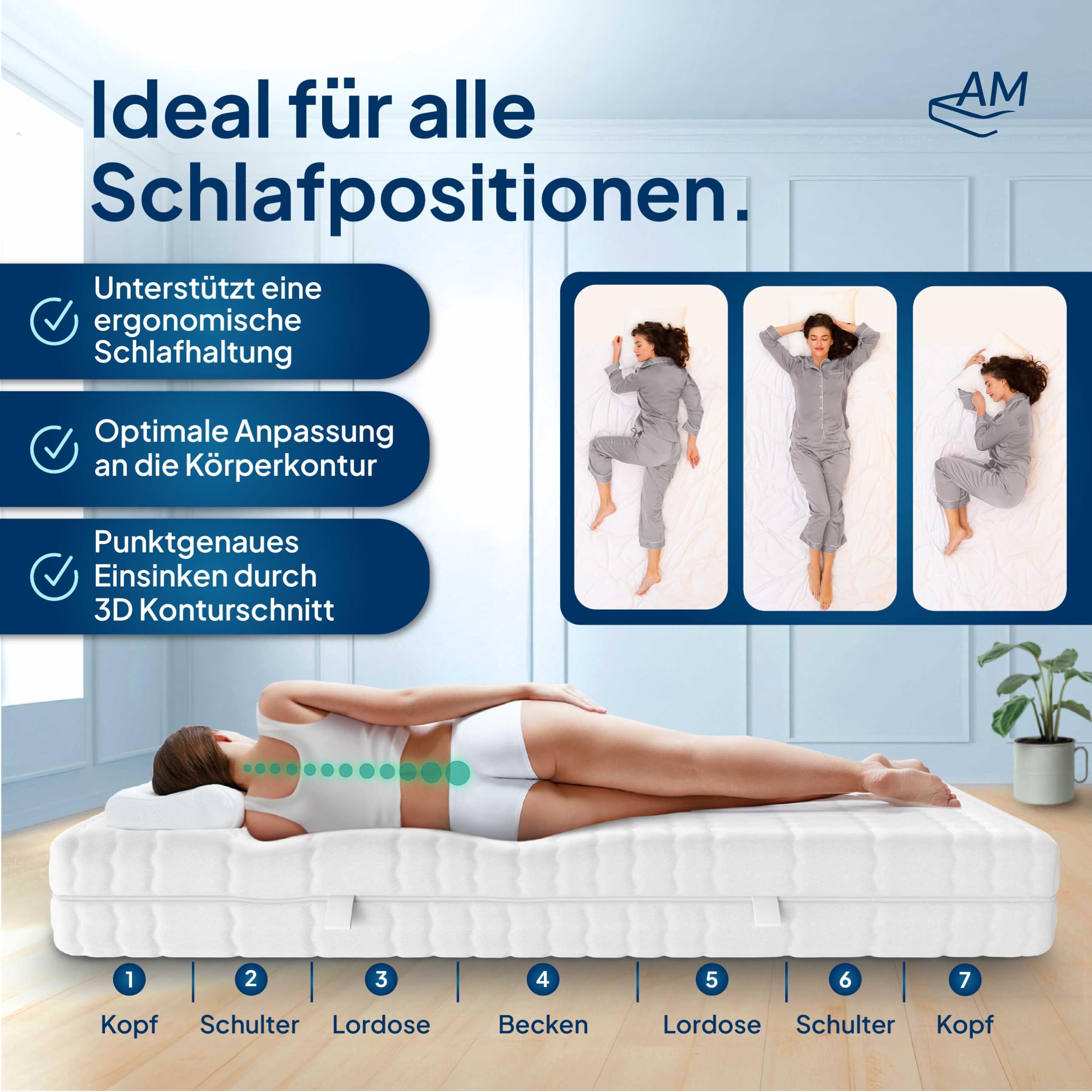 AM Qualitätsmatratzen 3D Deluxe Taschenfederkernmatratze 100x200cm H3 24cm - Made in Germany & Oeko TEX Zertifiziert - Ergonomische Matratze 100x200 H3 mit Lyocell Bezug - 7 Zonen Federkernmatratze
