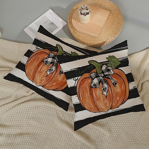 Miniatura 5 de Juego de 2 fundas de almohada de otoño de 20 x 20 pulgadas, diseño de calabaza con rayas negras en acuarela para sofá, cosecha de otoño, interiores