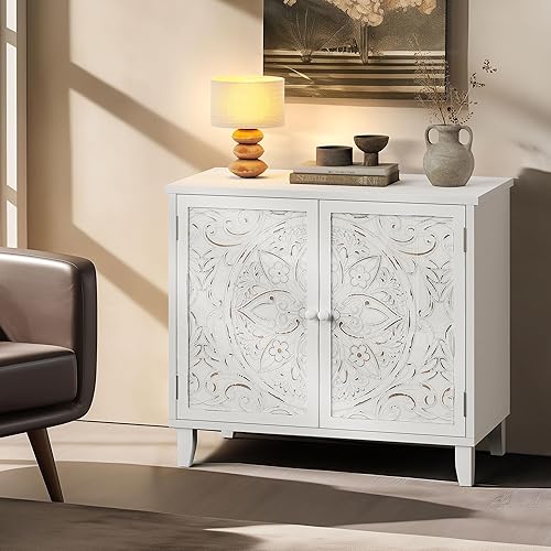 Miniatura 1 de DWVO Armario decorativo con puertas, armario de almacenamiento de aparador de 31.5 pulgadas con 2 puertas de vidrio tallado y marco de madera para