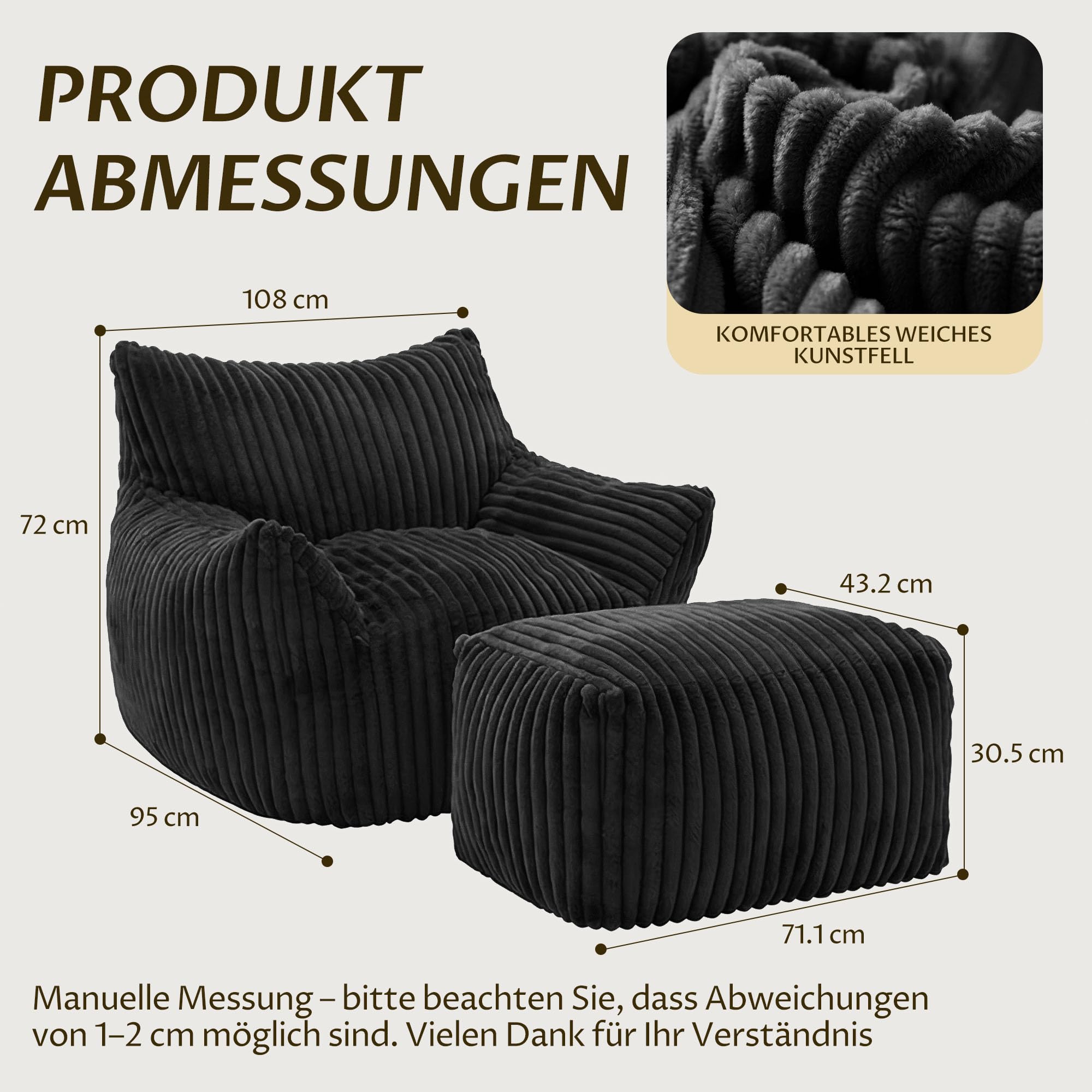 GRAVFORCE Schlafsofa mit Rückenlehne und Fußstütze, XXL Sitzsack Sessel mit Hocker für Erwachsene, Relaxsessel Lazy Sofa, Indoor-Sitzkissen für Schlafzimmer Wohnzimmer, Wintergarten Schwarz