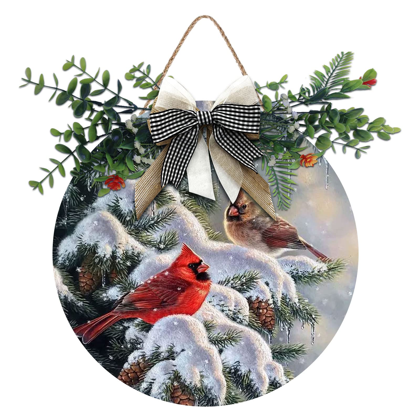 Aowotu Winter Red Bird Door Wreaths for Front Door Outside, Cardinal Branch Round Hanging Signs for Home Decor Holiday Porch Wall Farmhouse Indoor Outdoor Decorations