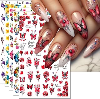 Colorful Butterflies & Flowers Nail Art Stickers - Bright Red Purple Yellow Butterflies Wing & Spring Floral Self-Adhesive Nail Decal for DIY Summer Manicure (5 Sheets)